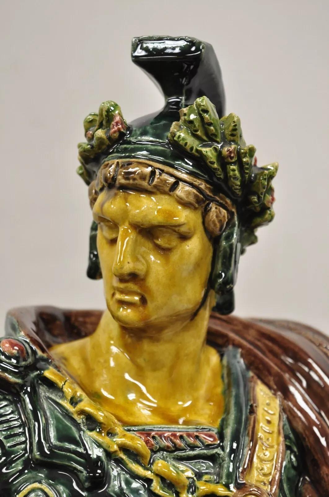 20th Century Majolica Alexander the Great Greek Warrior Soldier Glazed Pottery Sculpture For Sale