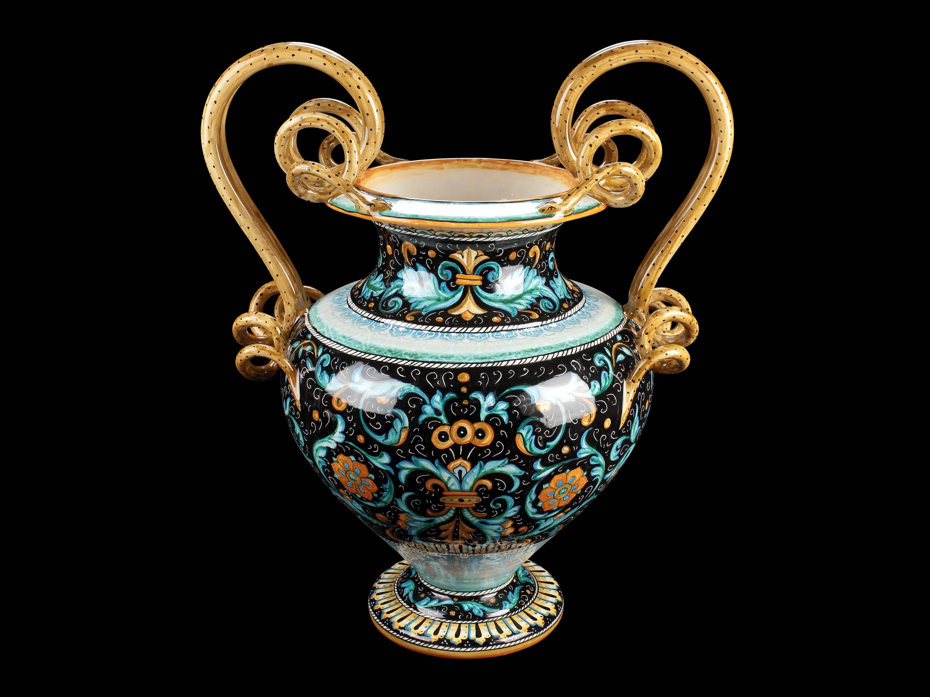 Vase Amphore en majolique avec poignées en forme de serpent, peint à la main en noir, orange et bleu, Italie Deruta en vente 7