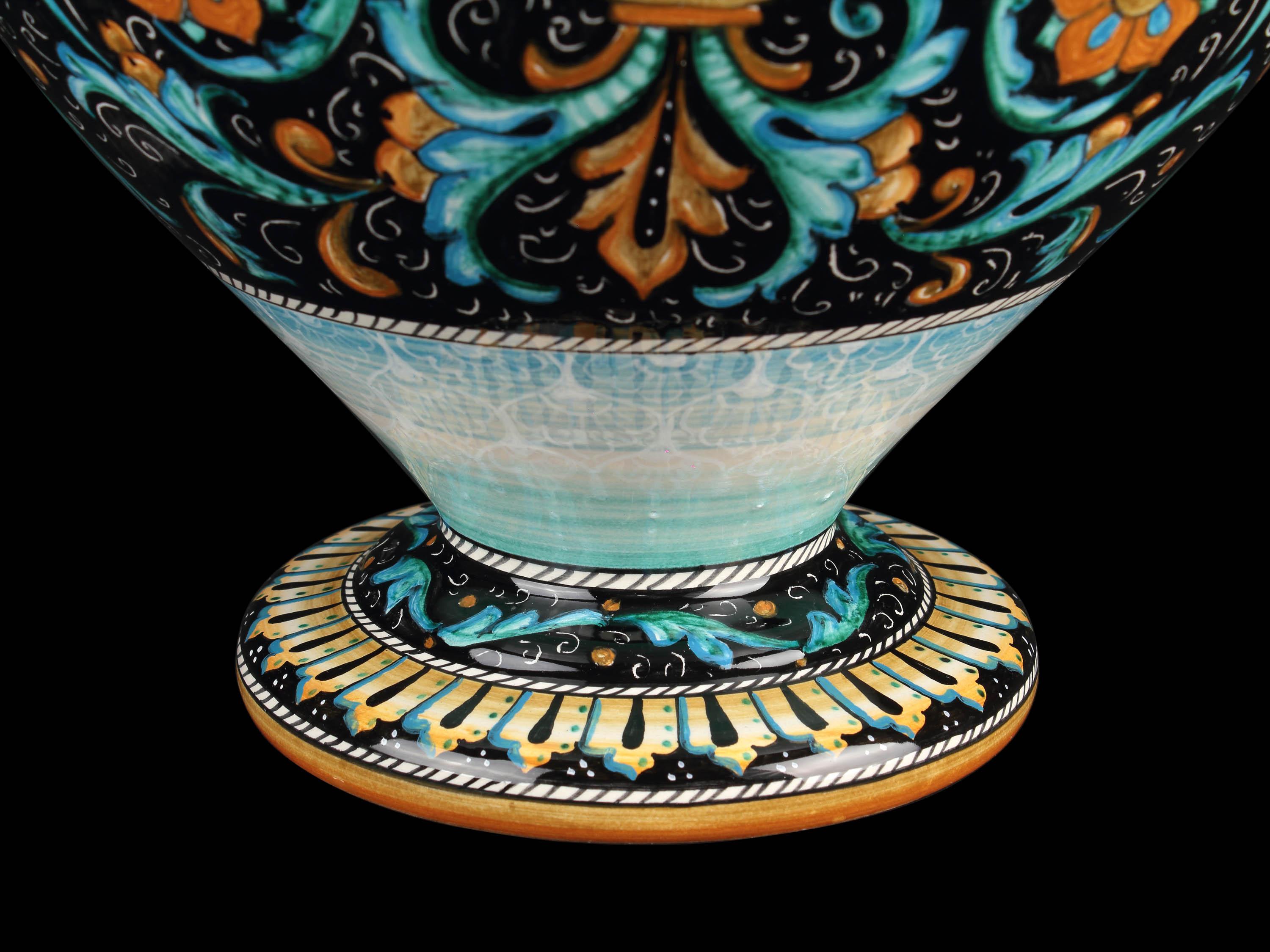 Majolica Amphora Vase Snake Handles, Black Orange Blue Hand Painted Italy Deruta For Sale 9