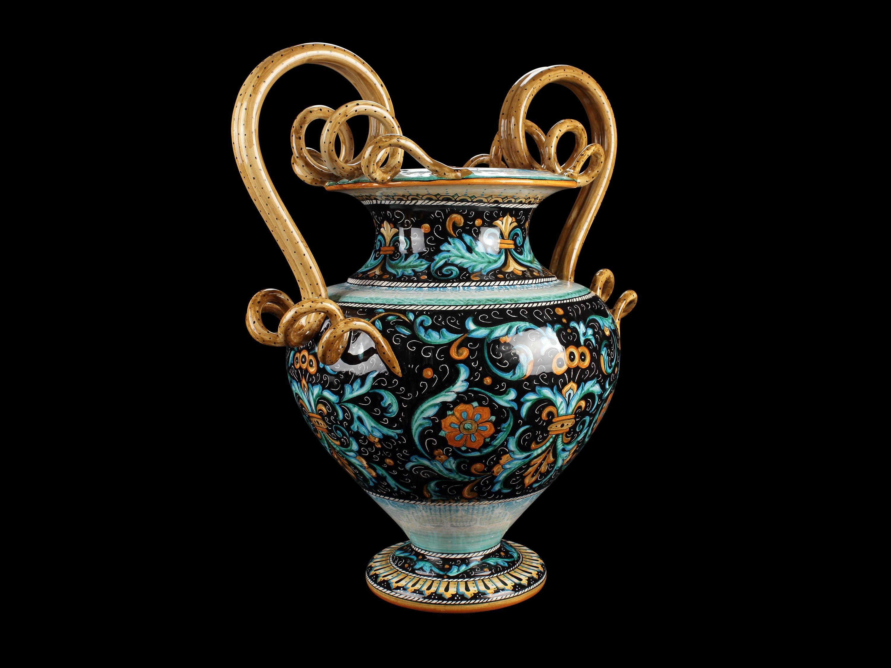 Contemporary Majolica Amphora Vase Snake Handles, Black Orange Blue Hand Painted Italy Deruta For Sale
