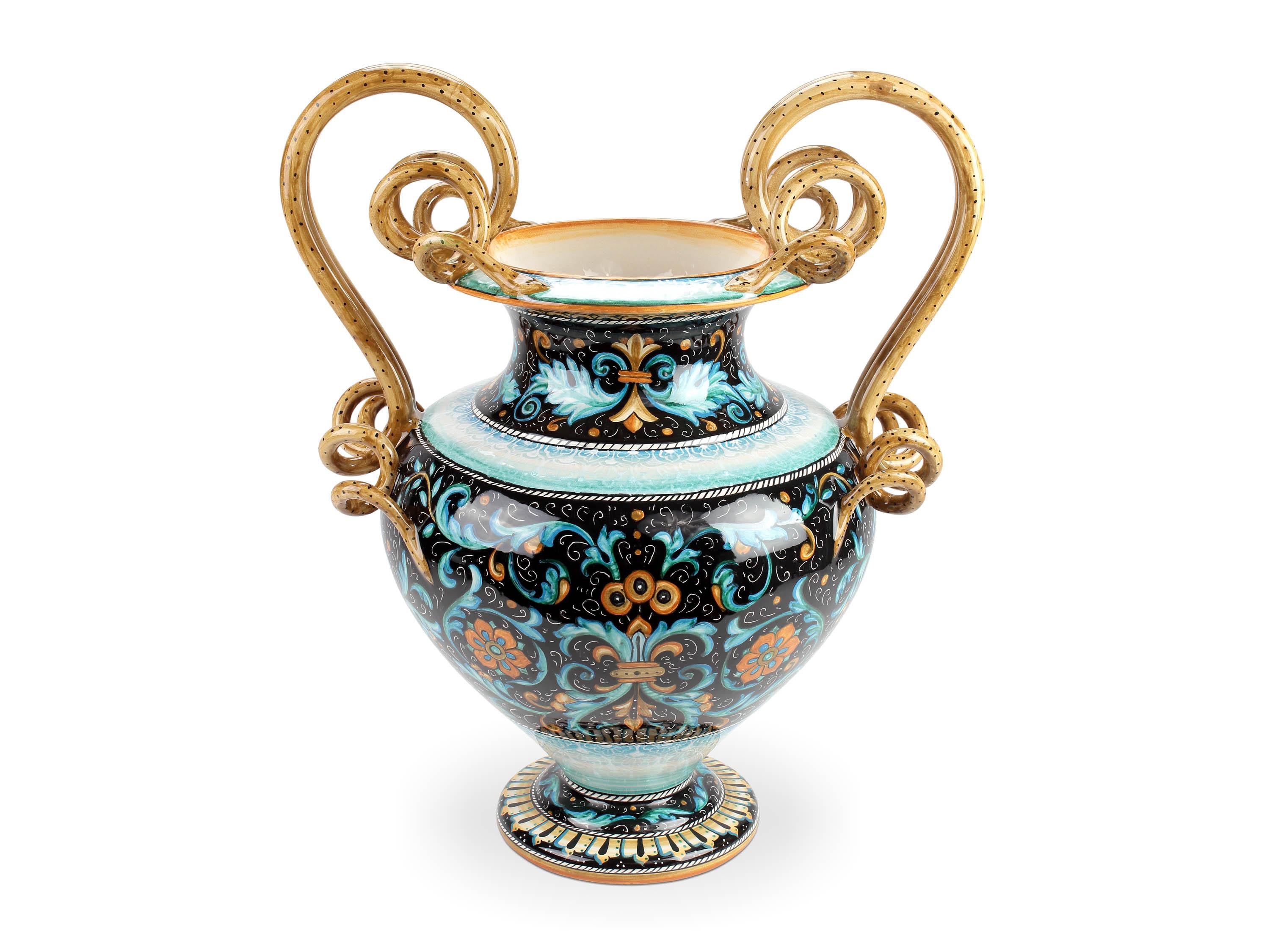 Renaissance Majolica Amphora Vase Snake Handles, Black Orange Blue Hand Painted Italy Deruta For Sale