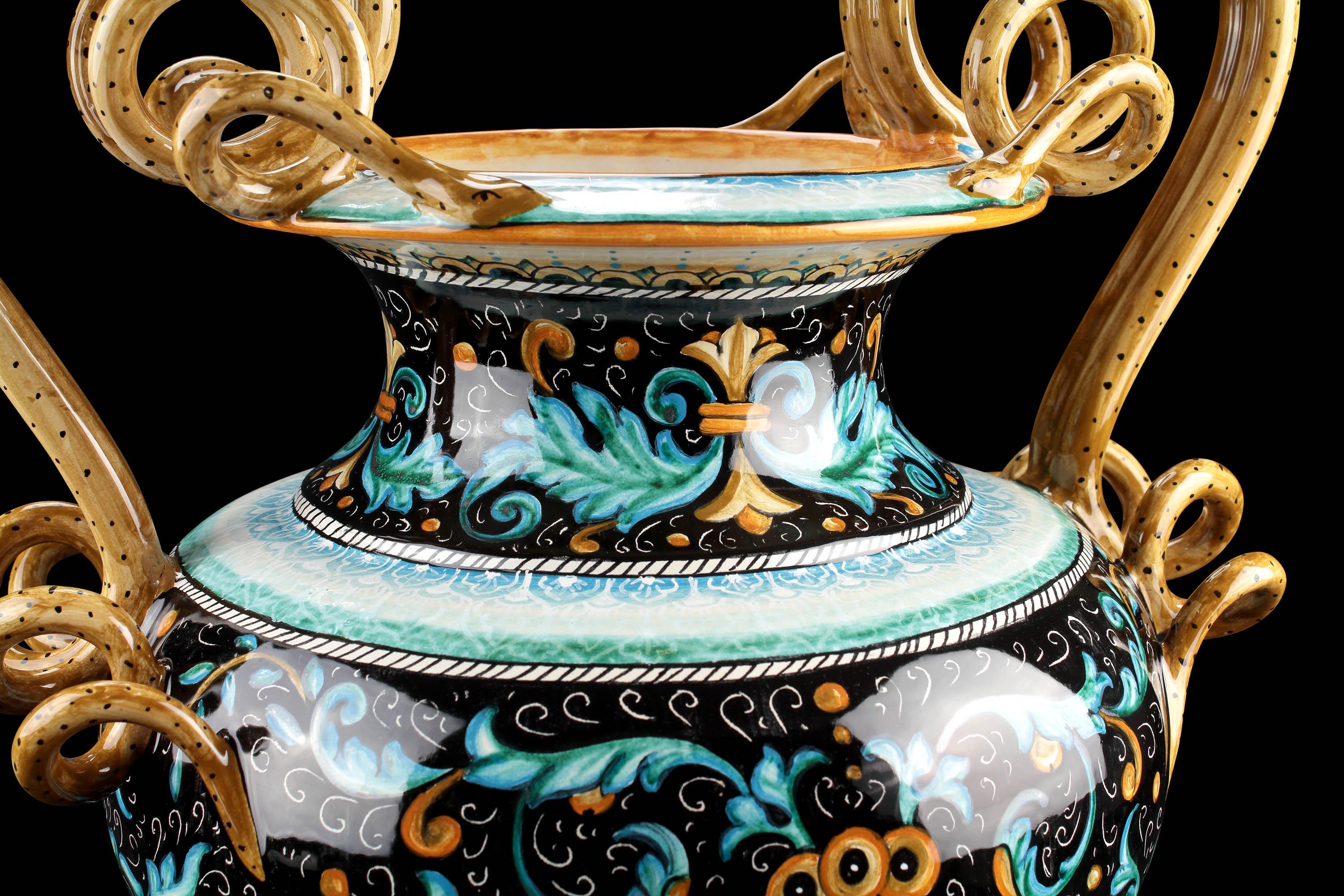 Majolica Amphora Vase Snake Handles, Black Orange Blue Hand Painted Italy Deruta For Sale 1