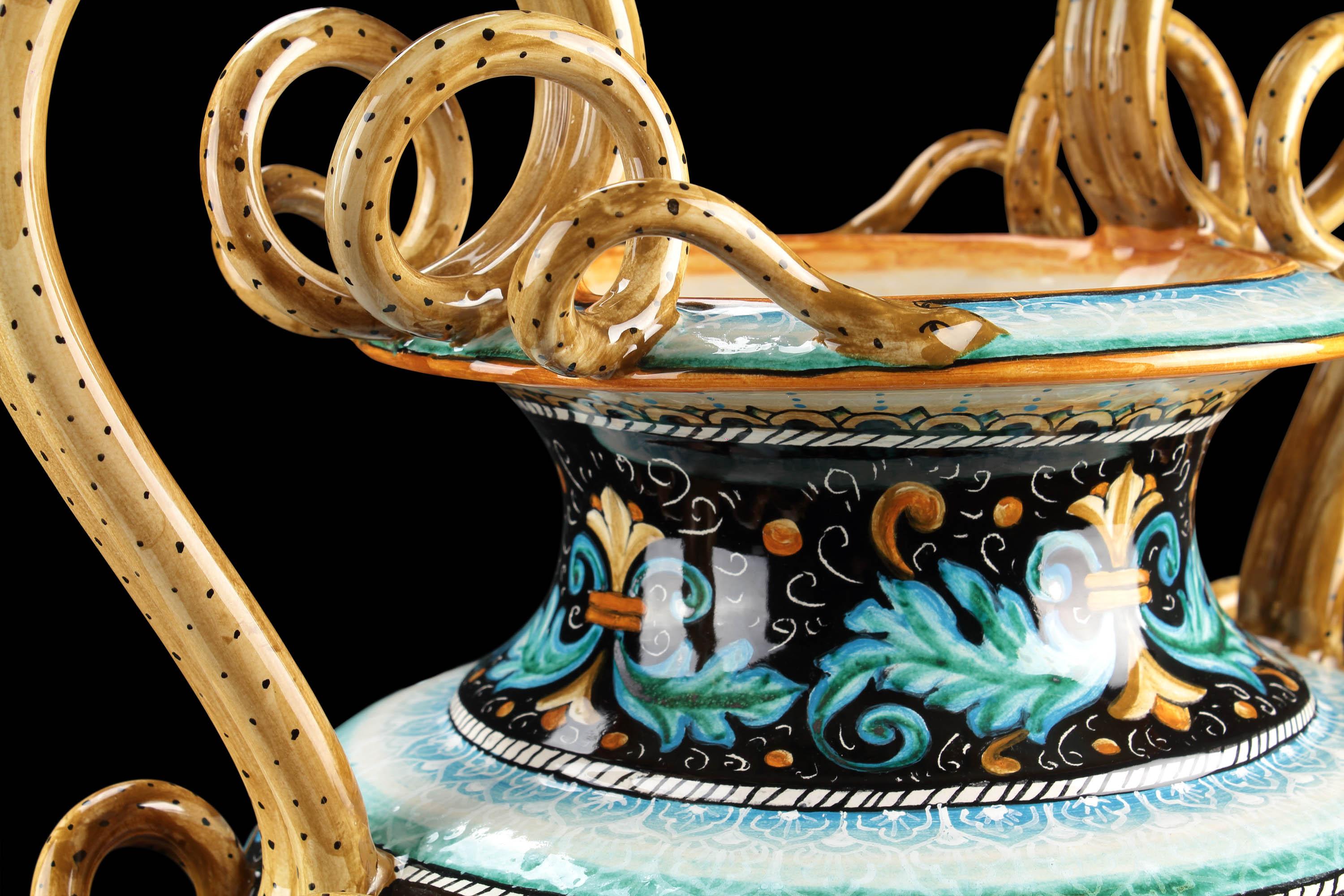 Majolica Amphora Vase Snake Handles, Black Orange Blue Hand Painted Italy Deruta For Sale 2