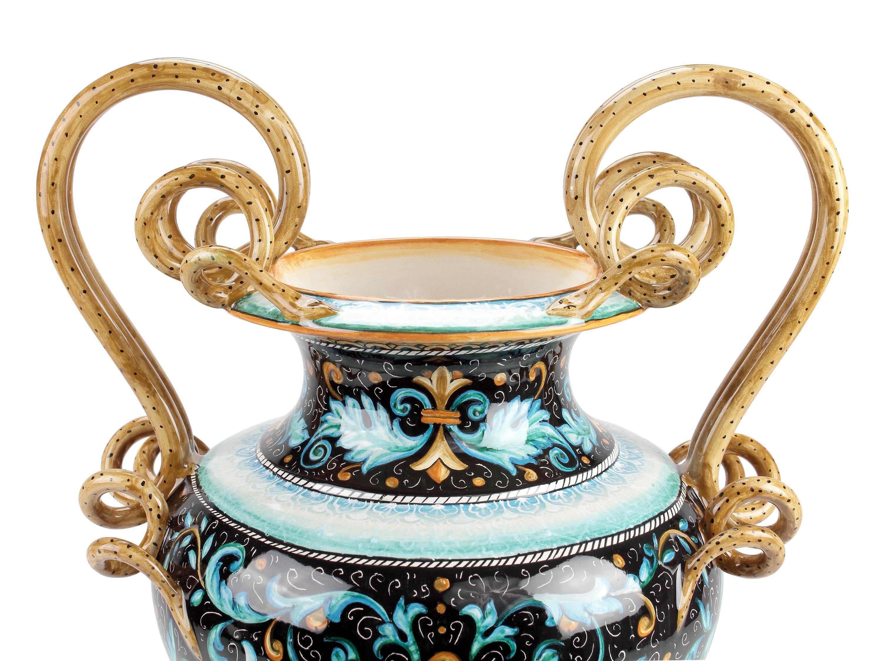 Majolica Amphora Vase Snake Handles, Black Orange Blue Hand Painted Italy Deruta In New Condition For Sale In Recanati, IT