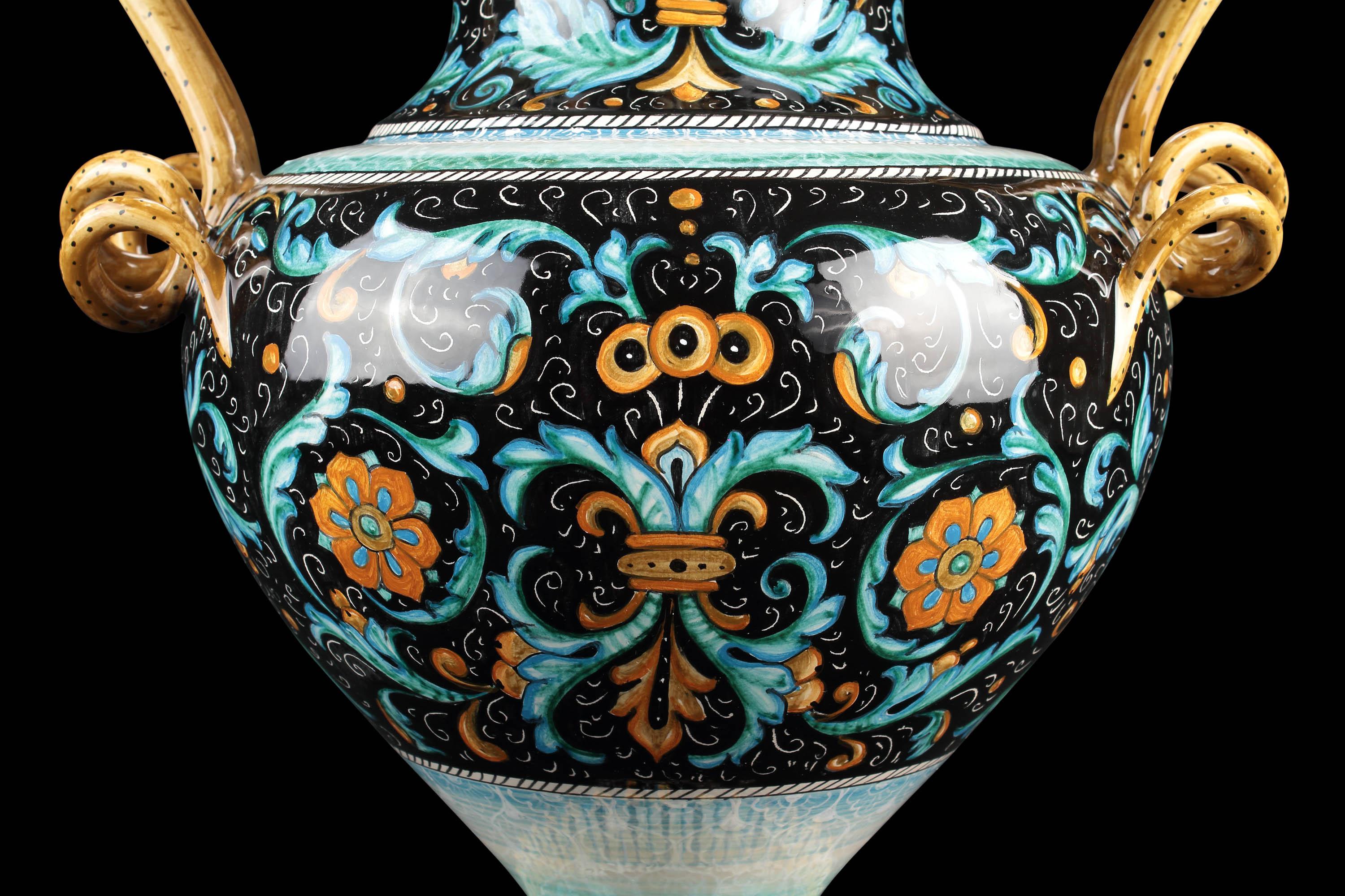 Majolica Amphora Vase Snake Handles, Black Orange Blue Hand Painted Italy Deruta For Sale 4