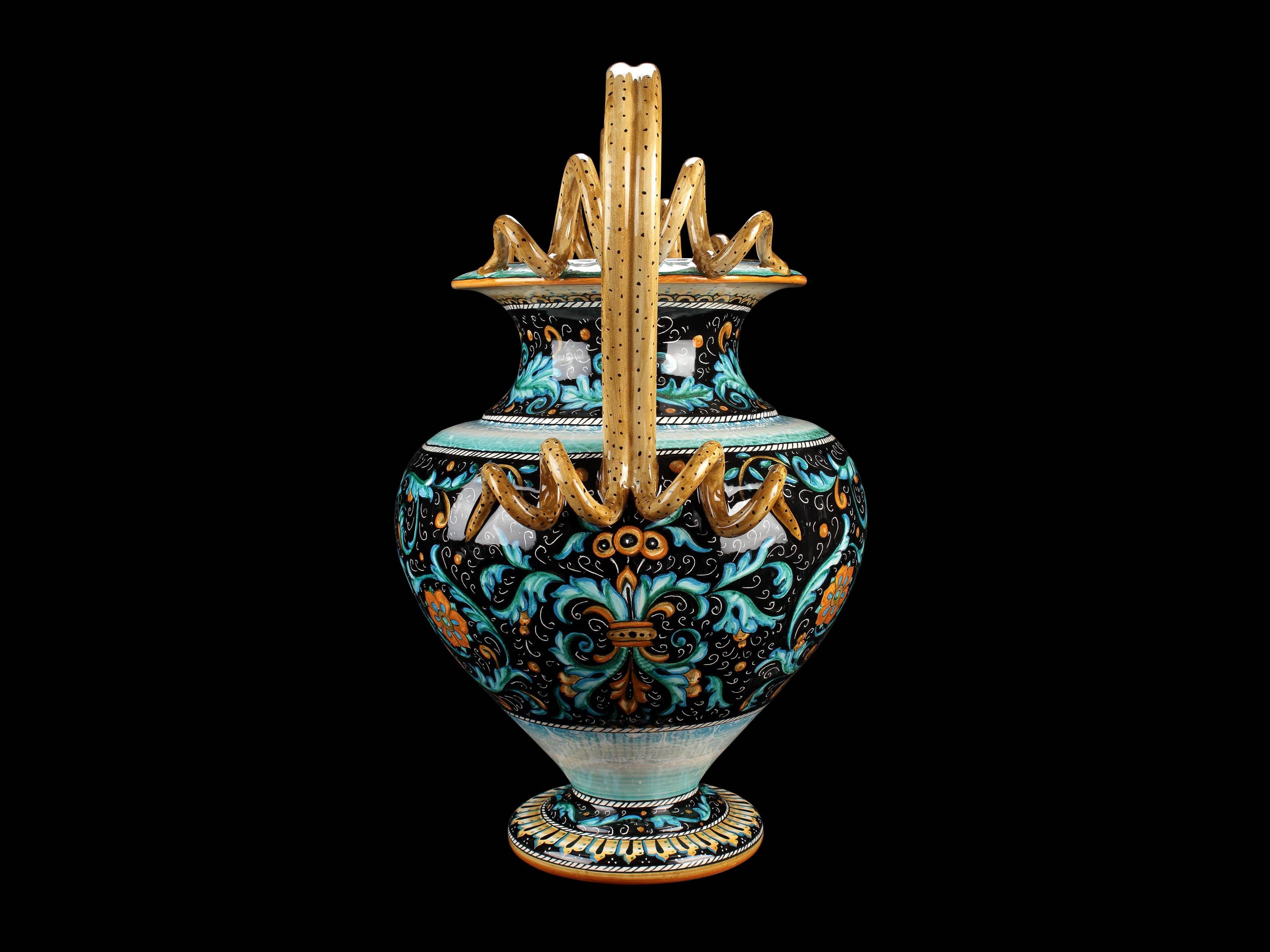Vase Amphore en majolique avec poignées en forme de serpent, peint à la main en noir, orange et bleu, Italie Deruta en vente 5