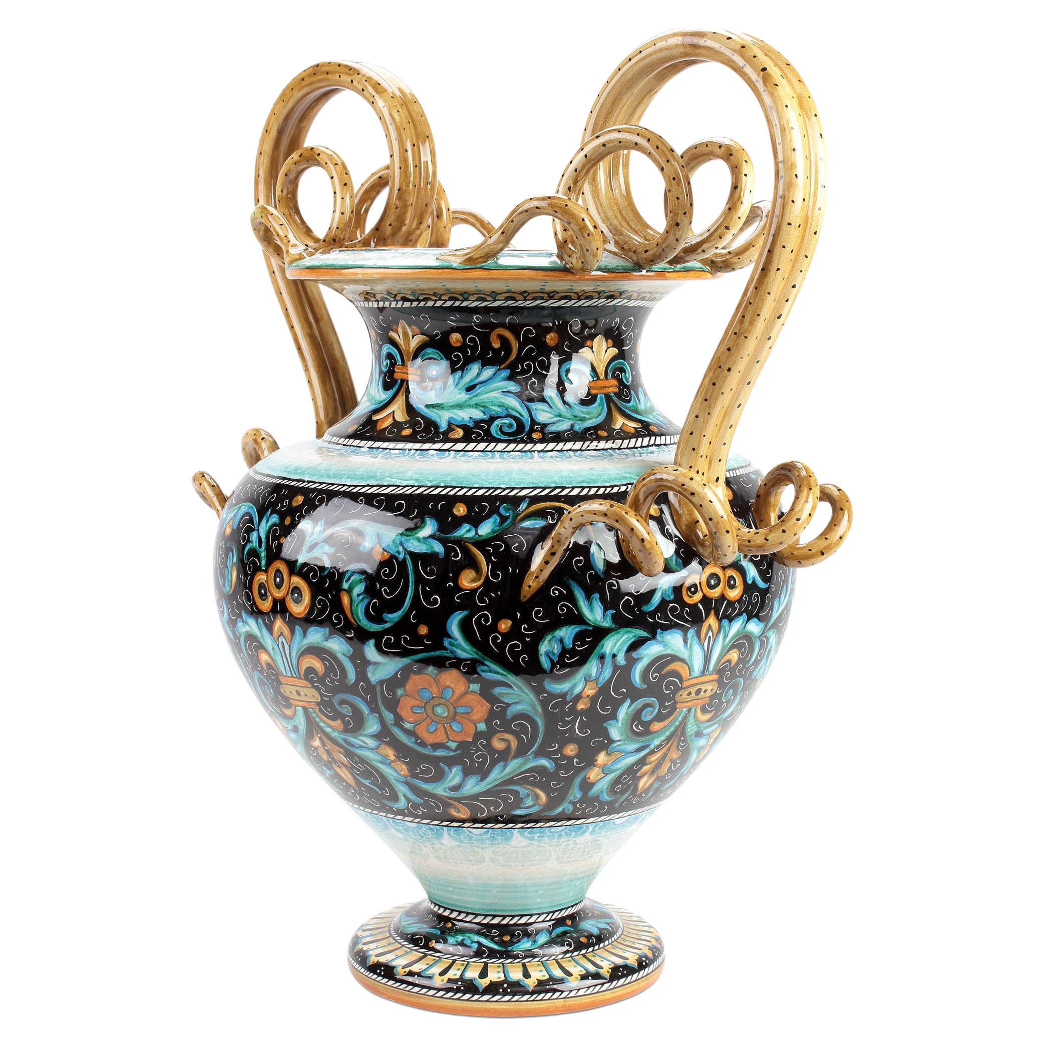 Large Ceramic Vase, Snake Handles Amphora in Majolica Hand Painted