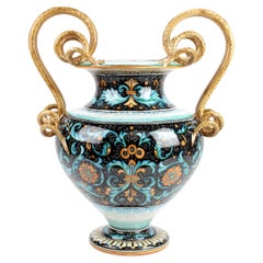 Majolika-Amphora-Vase mit Schlangengriffen, schwarz-orange-blau, handbemalt, Italien Deruta