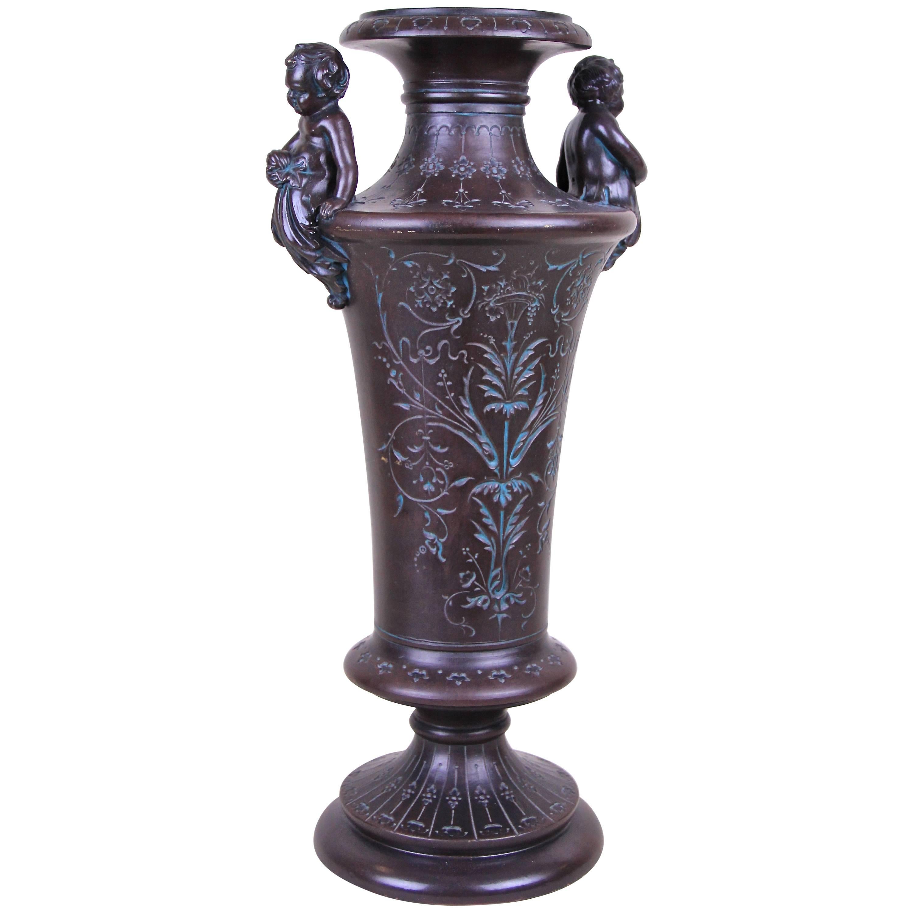 Art Nouveau Majolica Amphora Vase with Putties by B. Bloch, Bohemia, circa 1890