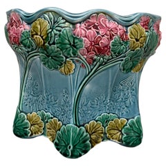 Majolica Aqua Hydrangea Cachepot Sarreguemines, circa 1900