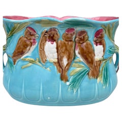 Majolique Aqua Perruches Jardinière Sarreguemines, vers 1880