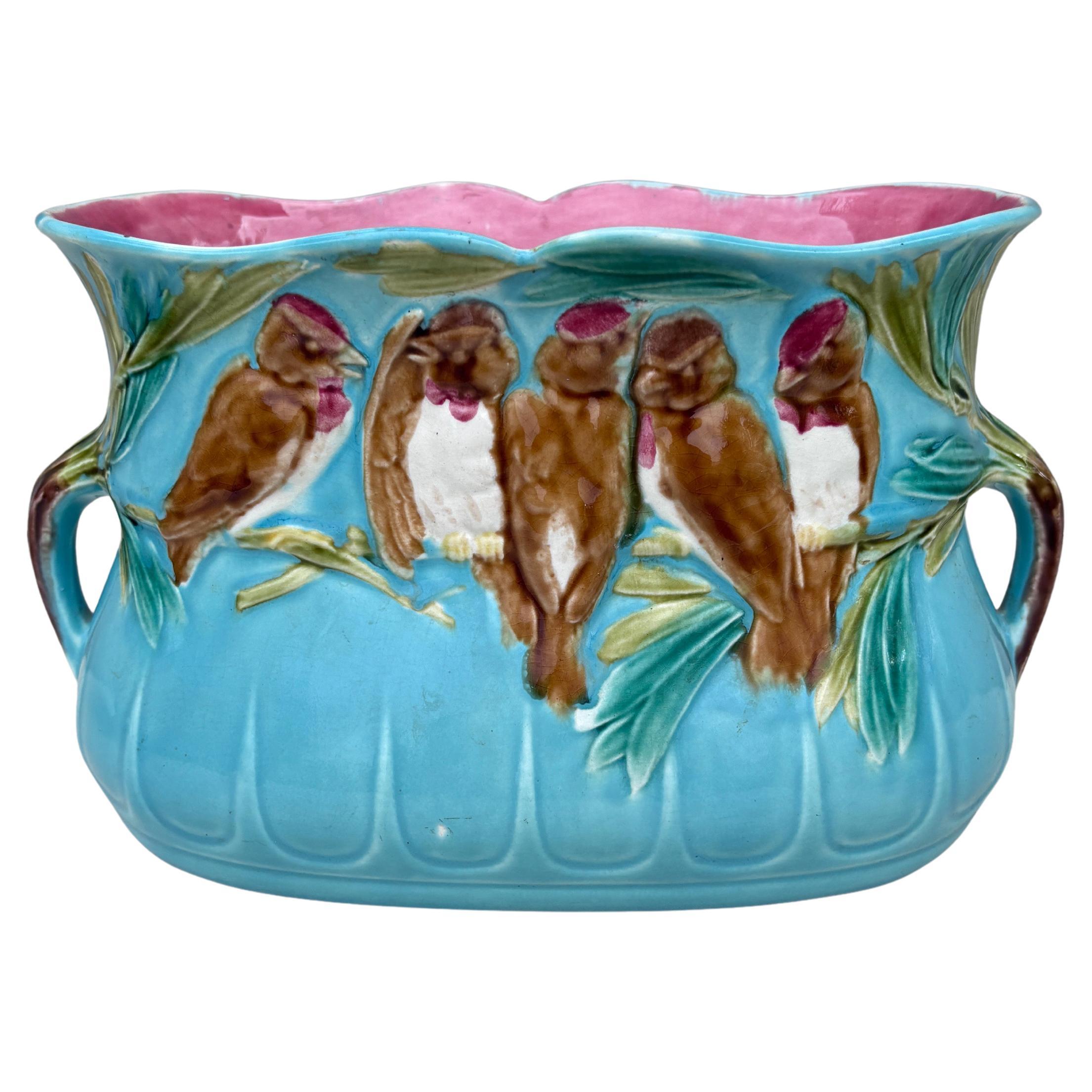 Majolica Aqua Parakeets Jardinière Sarreguemines, circa 1880 For Sale