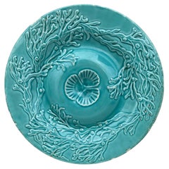 Vintage Majolica Aqua Seaweeds Plate Gien, Circa 1890