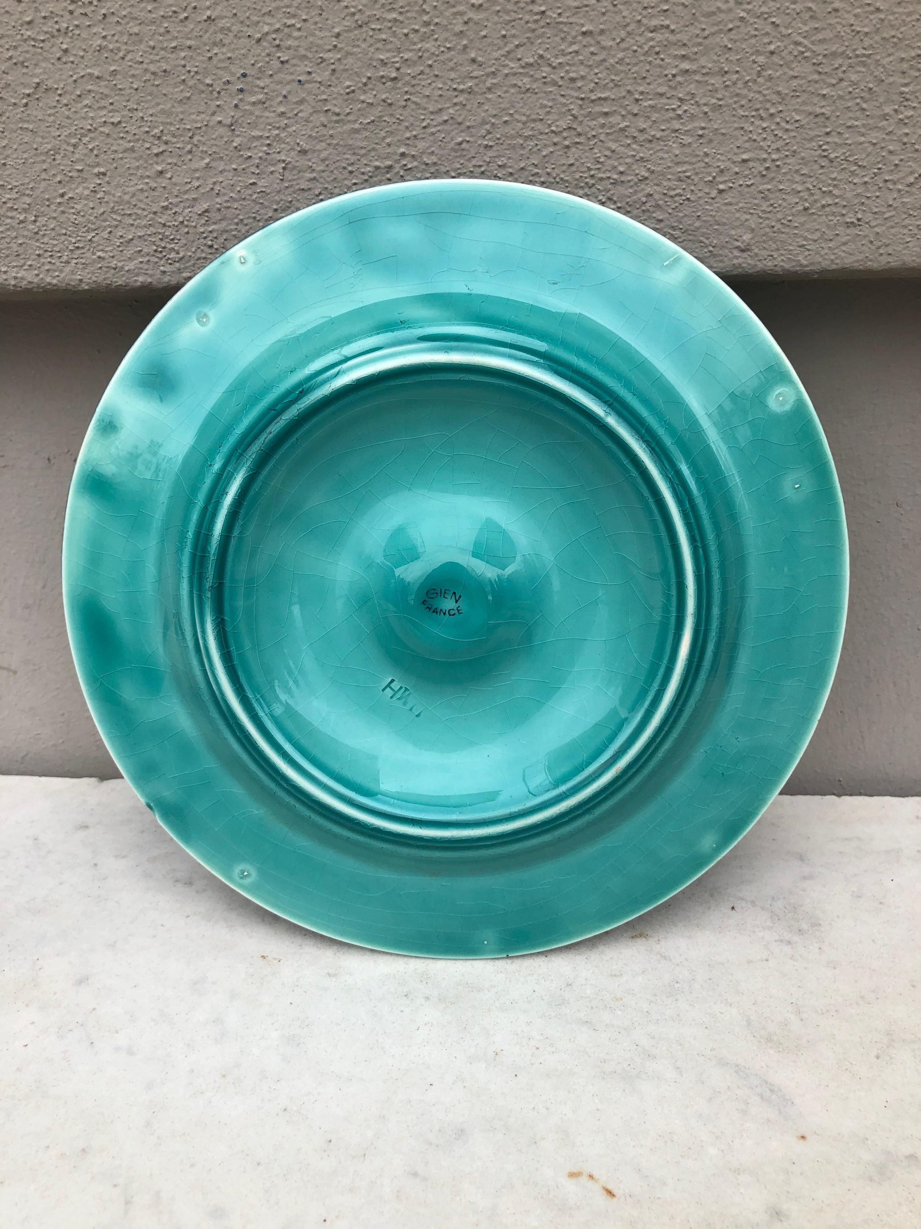 French Provincial Majolica Aqua Seaweeds Plate Gien, Circa 1930