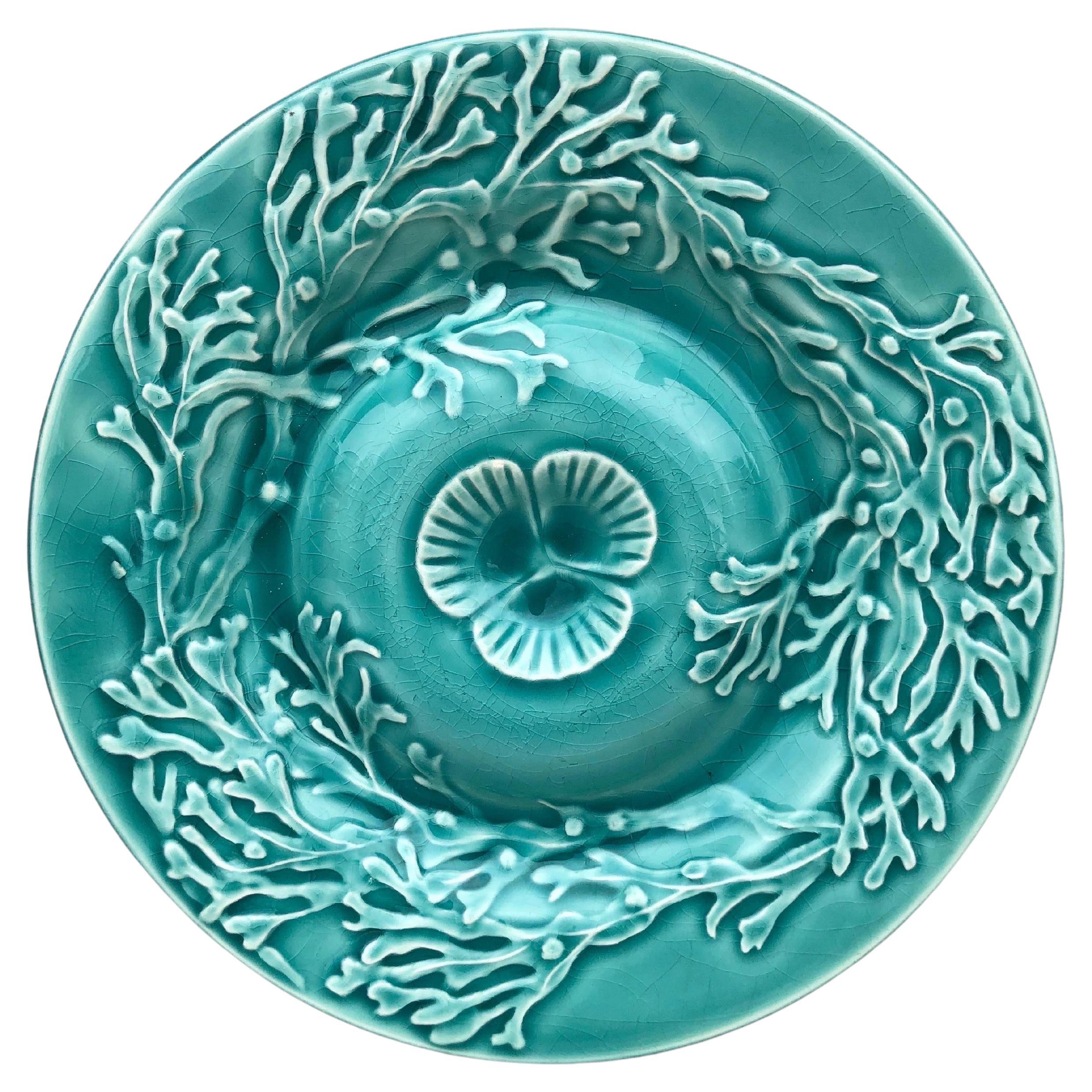 Majolica Aqua Seaweeds Plate Gien, Circa 1930