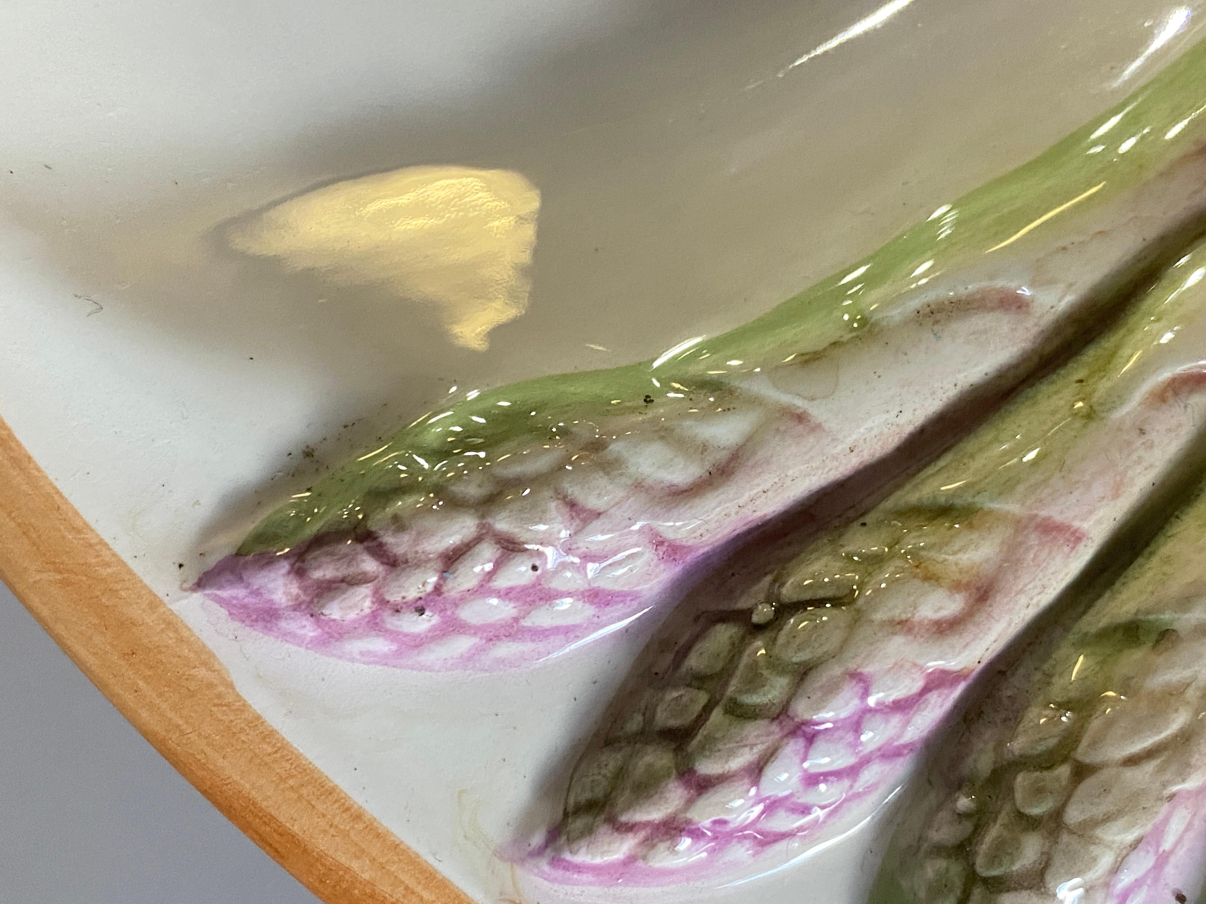 French Majolica Arparagus Plates, Early 20th Century, Purple and Green Color, Set of 6 For Sale