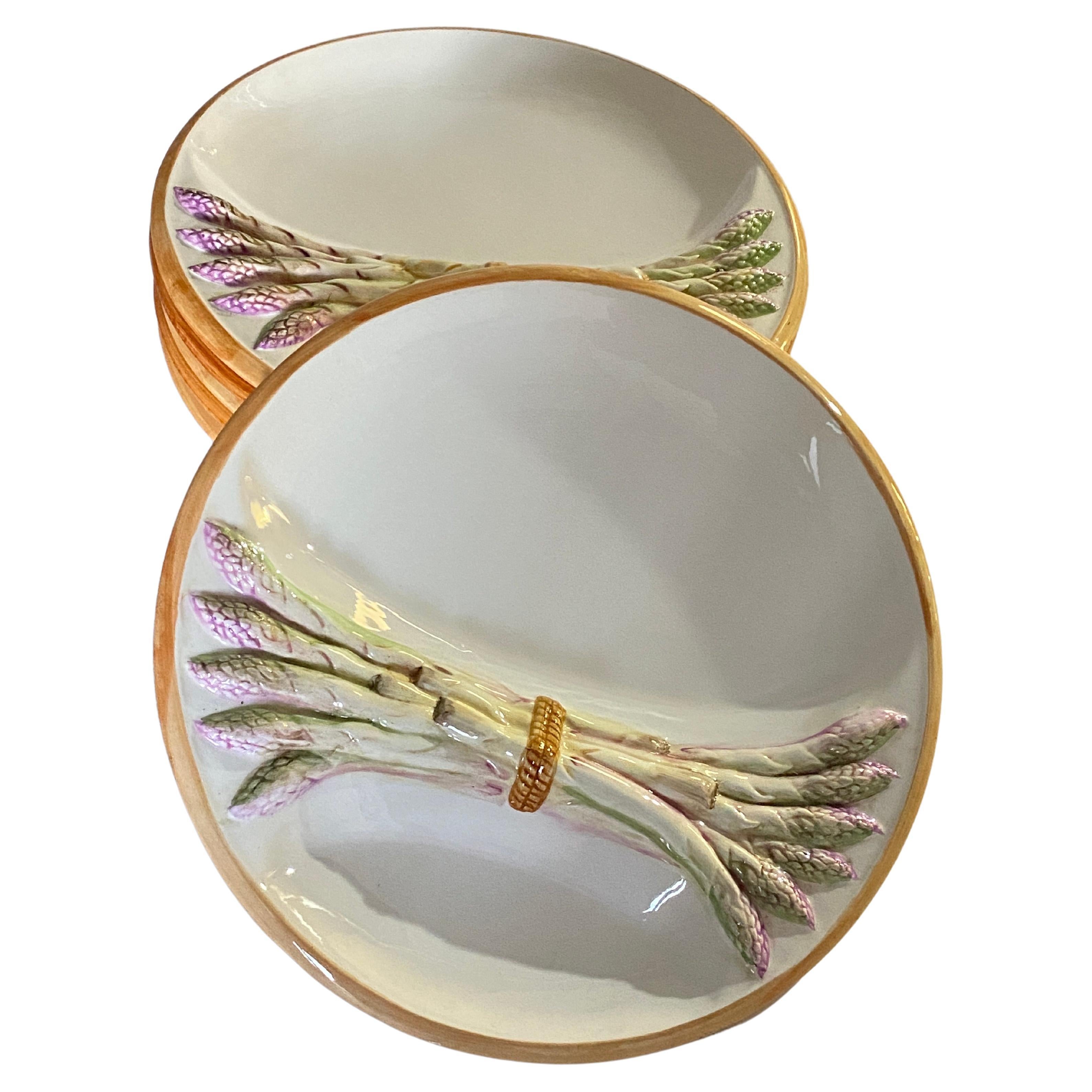 Majolica Arparagus Plates, Early 20th Century, Purple and Green Color, Set of 6 For Sale