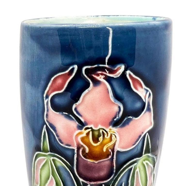 Majolica Polychrome Art Nouveau Ceramic Vase or Drinking Cup with Floral Motif In Good Condition In Oklahoma City, OK