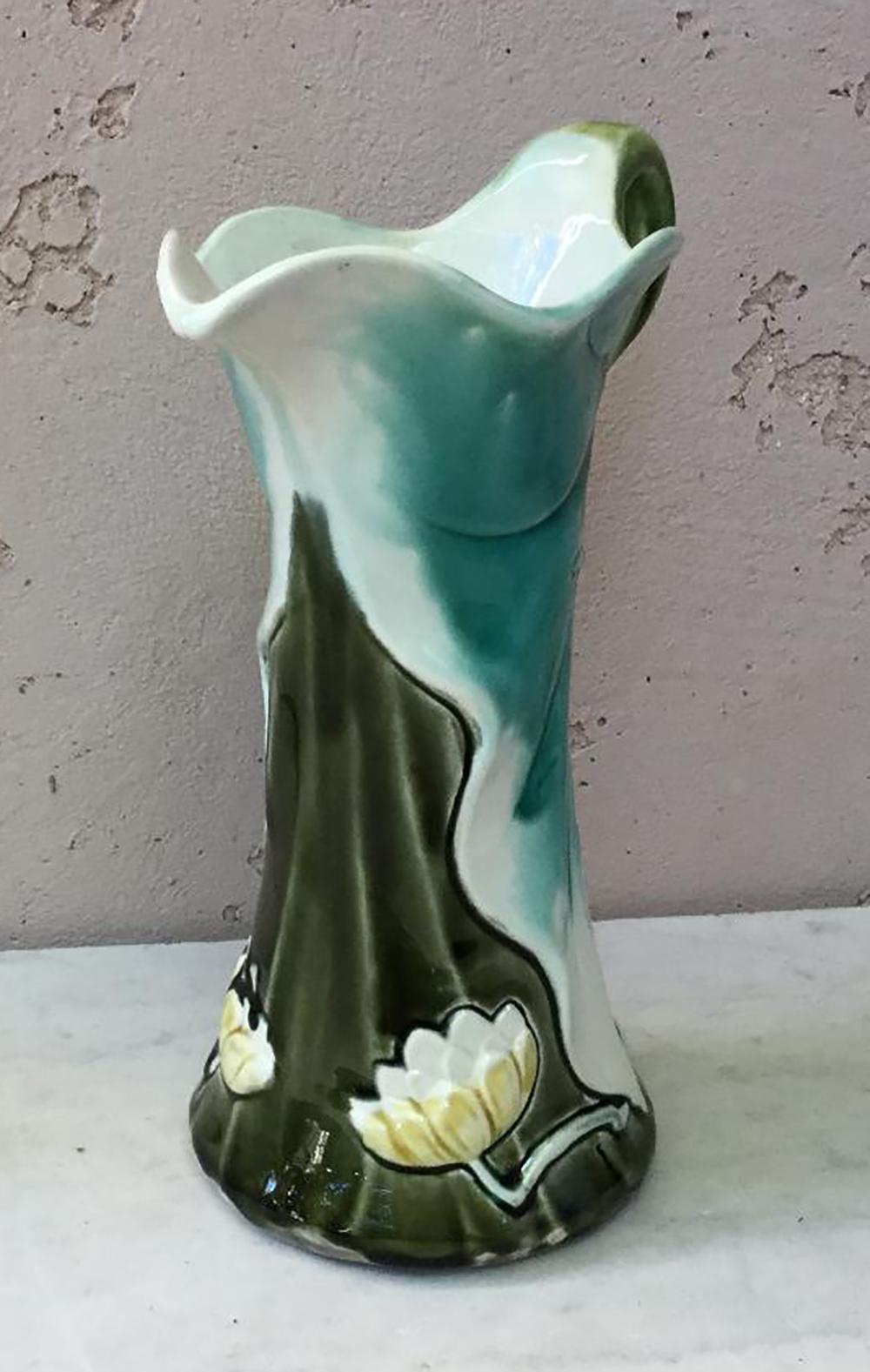 French Majolica Art Nouveau Water Lily Pitcher Fives Lille, circa 1900