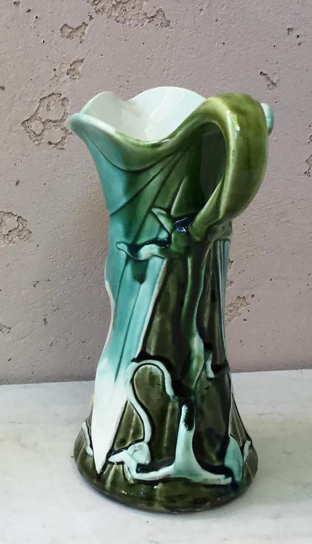 Early 20th Century Majolica Art Nouveau Water Lily Pitcher Fives Lille, circa 1900