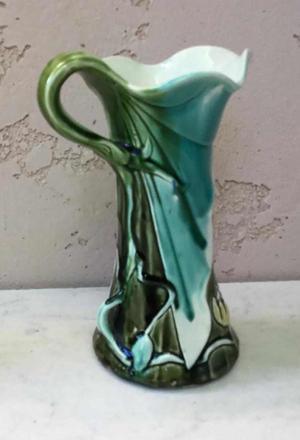 Ceramic Majolica Art Nouveau Water Lily Pitcher Fives Lille, circa 1900