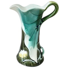 Majolica Art Nouveau Water Lily Pitcher Fives Lille, circa 1900