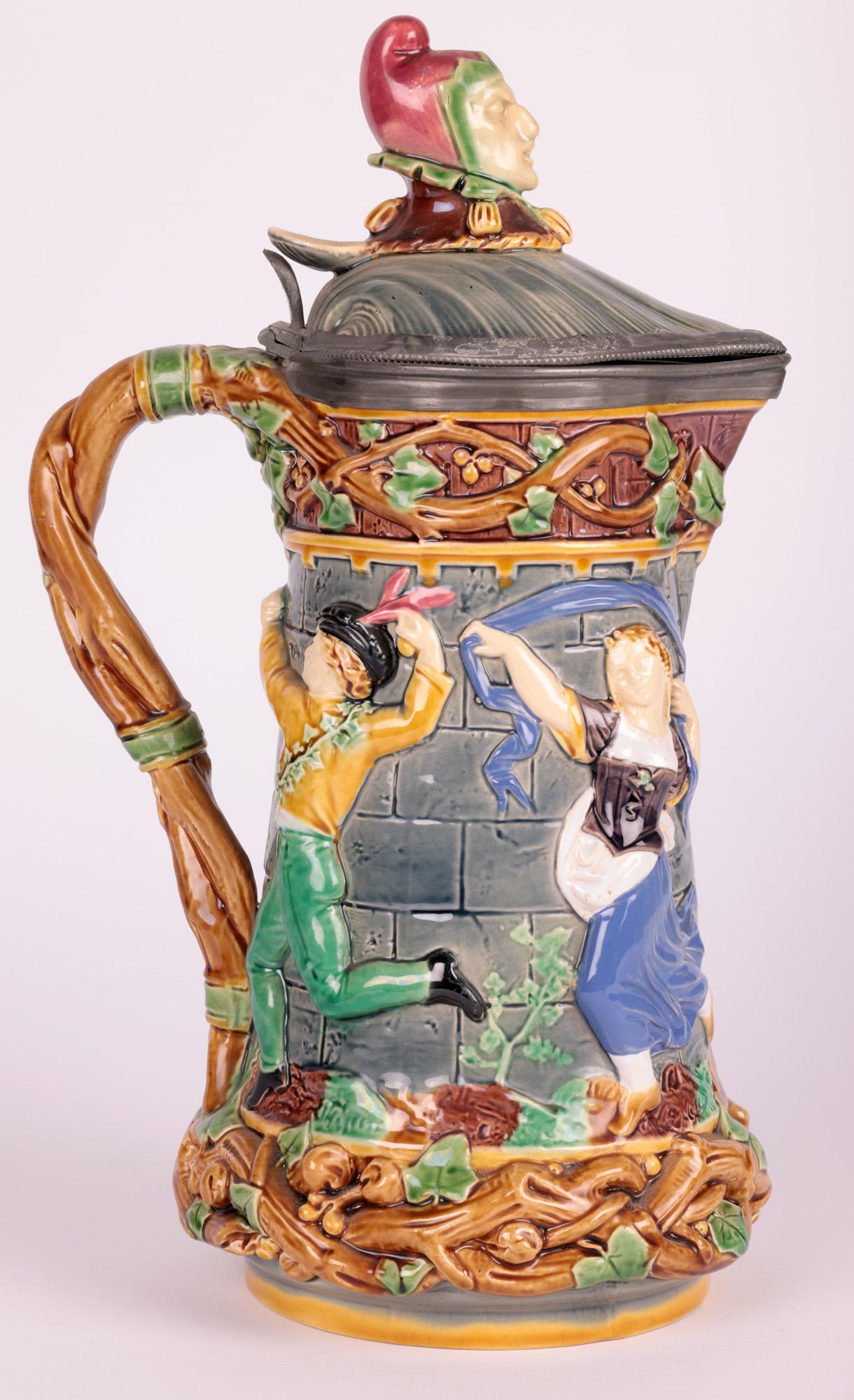 Majolica Art Pottery Pewter Mounted Jester Jug, 1870 For Sale 2