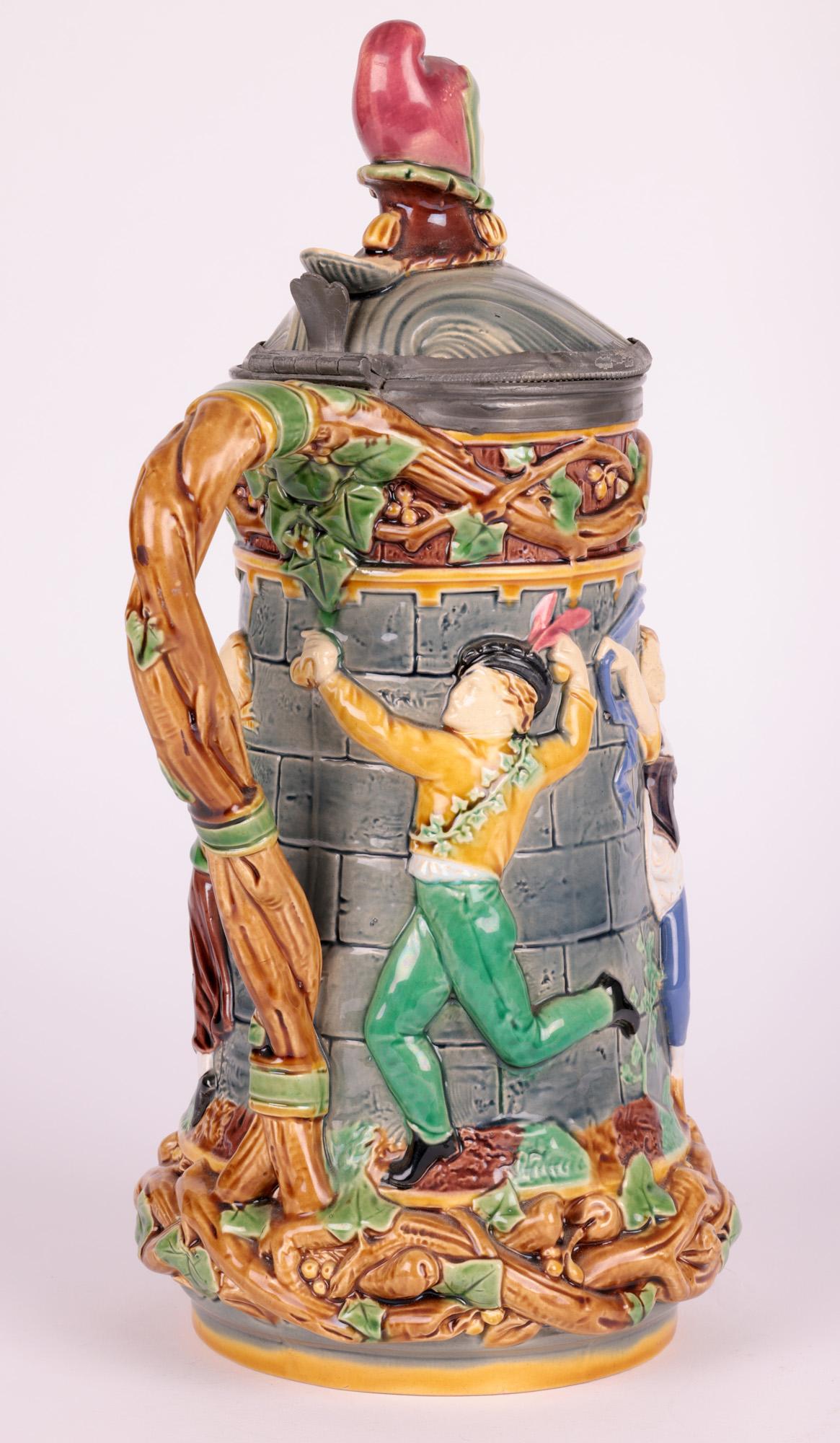 Majolica Art Pottery Pewter Mounted Jester Jug, 1870 For Sale 7