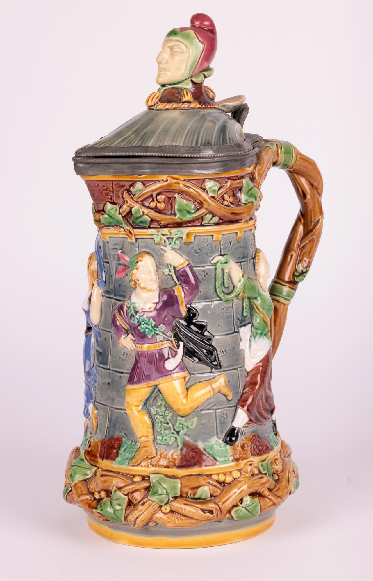 Glazed Majolica Art Pottery Pewter Mounted Jester Jug, 1870 For Sale