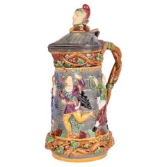 Majolica Art Pottery Pewter Mounted Jester Jug, 1870