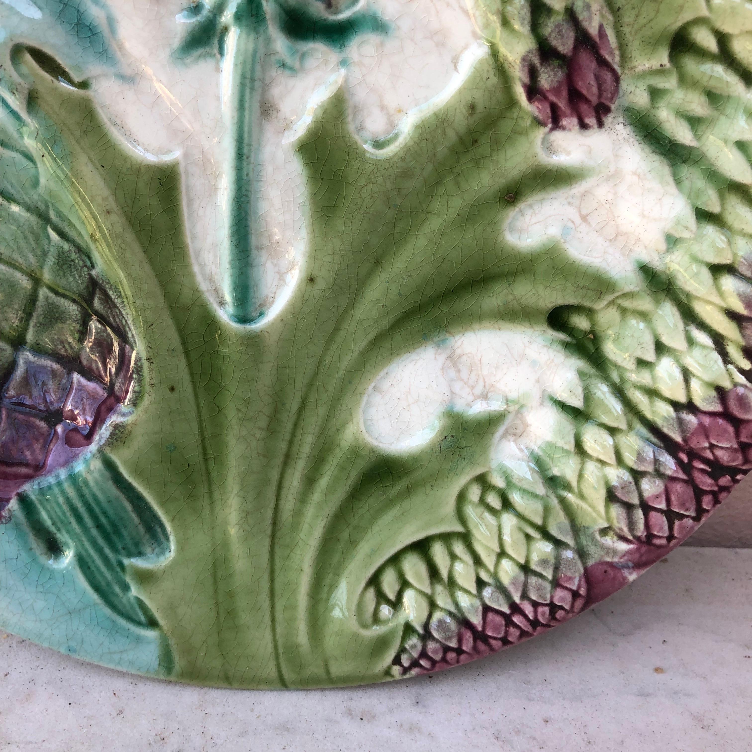 French Provincial Majolica Asparagus Plate Luneville Keller and Guerin, circa 1890
