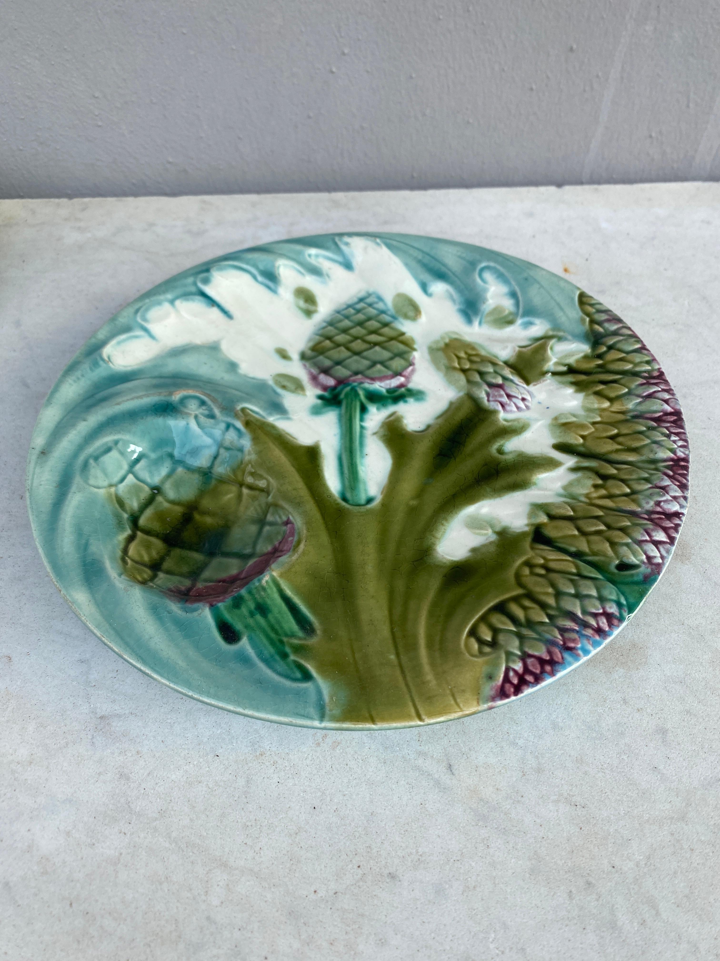 French Majolica Asparagus Plate Luneville Keller and Guerin, circa 1890