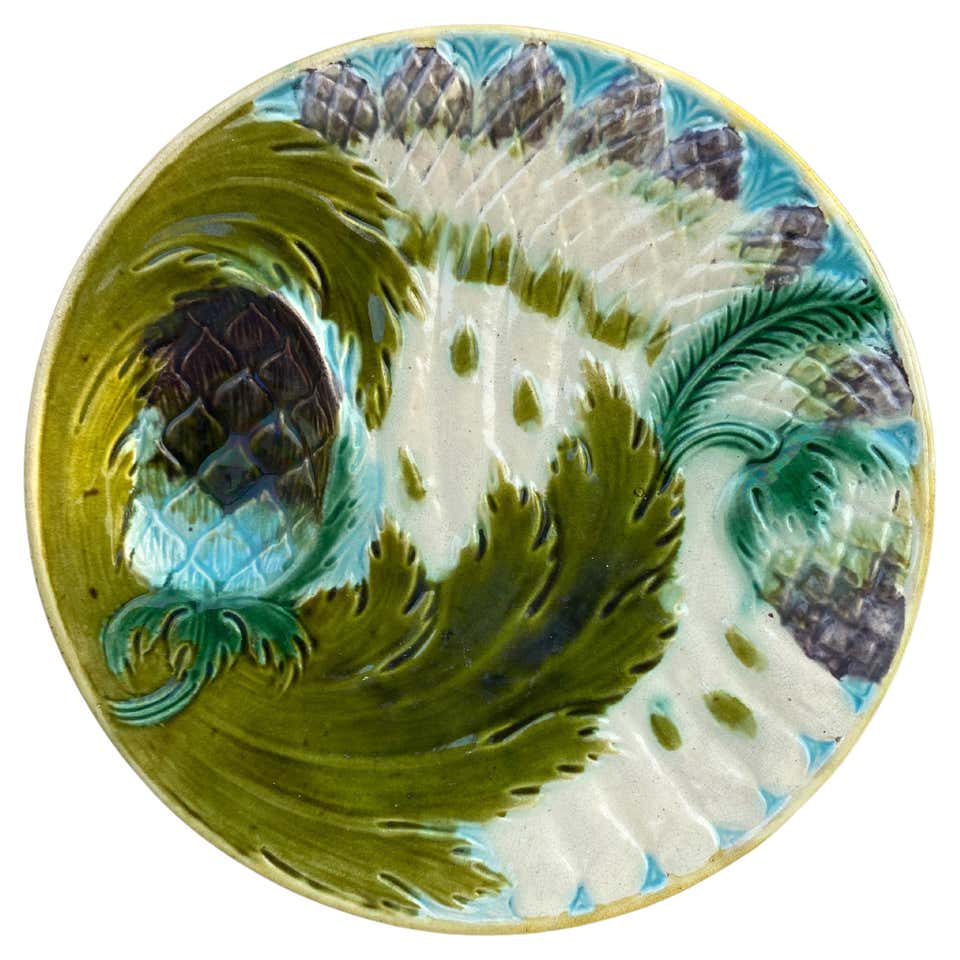 Antique Artichoke Plate Majolica French Asparagus Barbotine Antique Artichoke Plate Majolica French Asparagus Barbotine