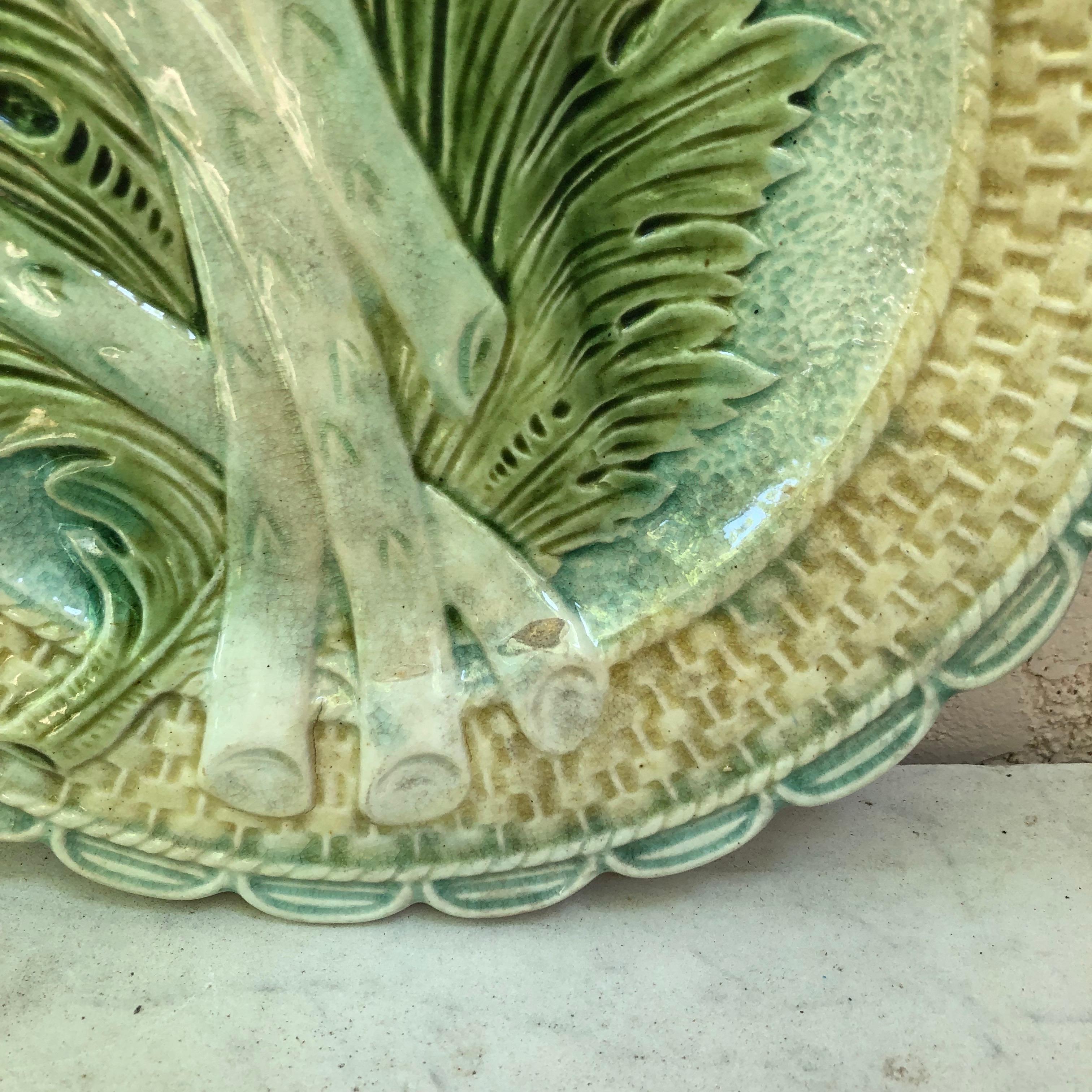 Colorful Majolica asparagus and artichoke plate Salins, circa 1890.
   