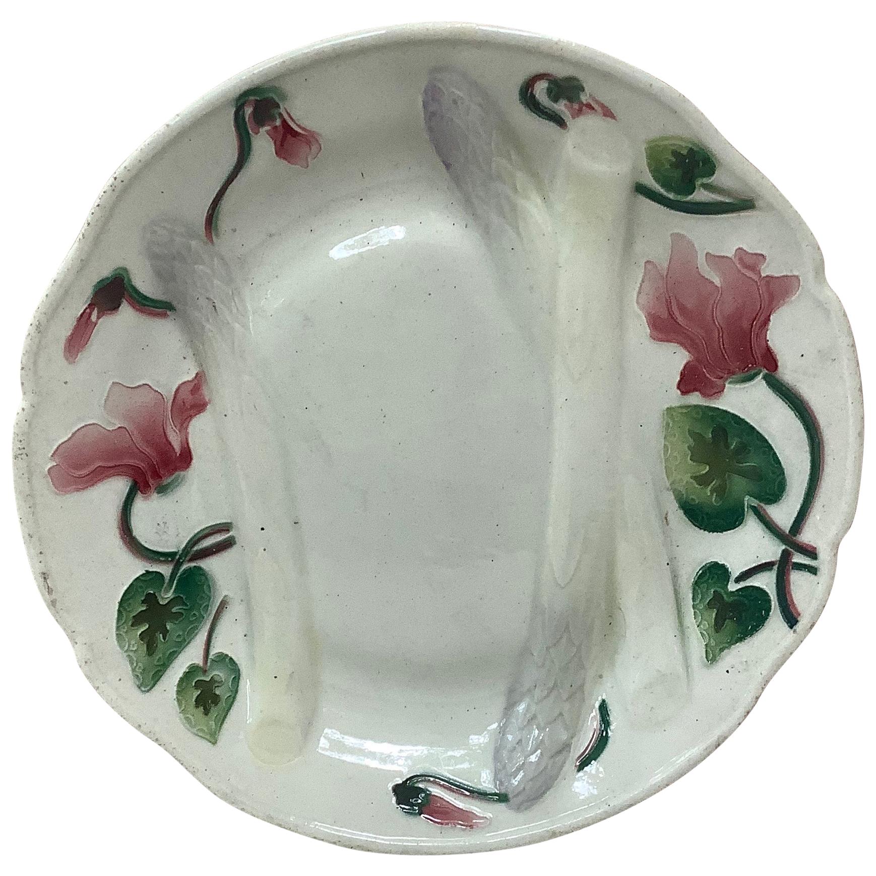 Majolica Asparagus Plate with Cyclamens Keller & Guerin Saint Clement