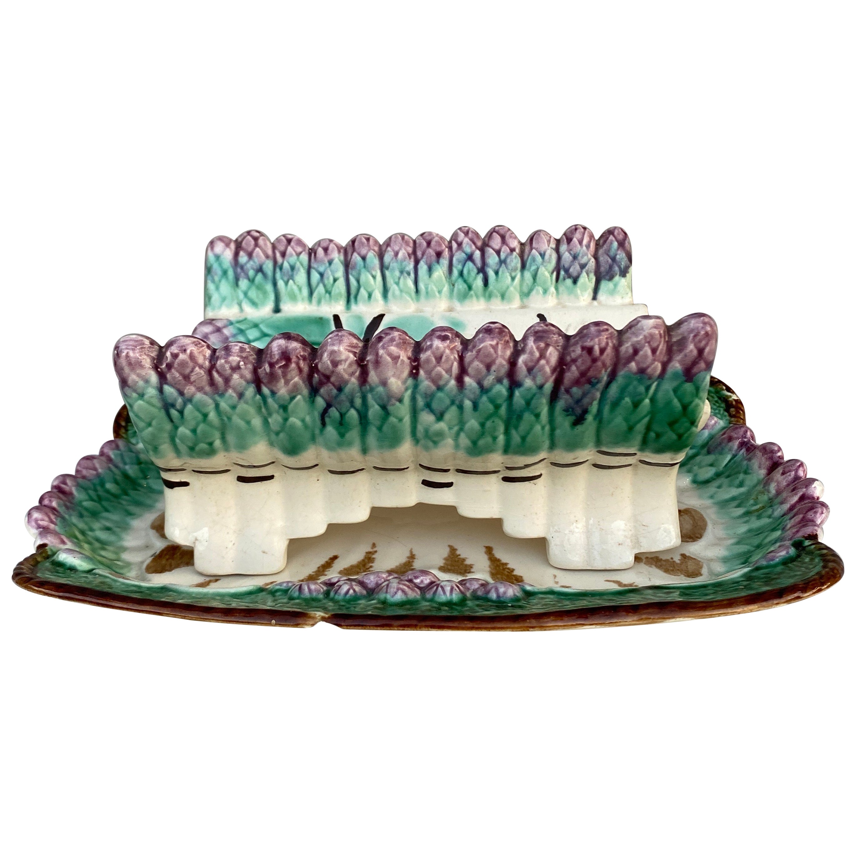 Piatto di asparagi in maiolica Longchamp, 1890 circa