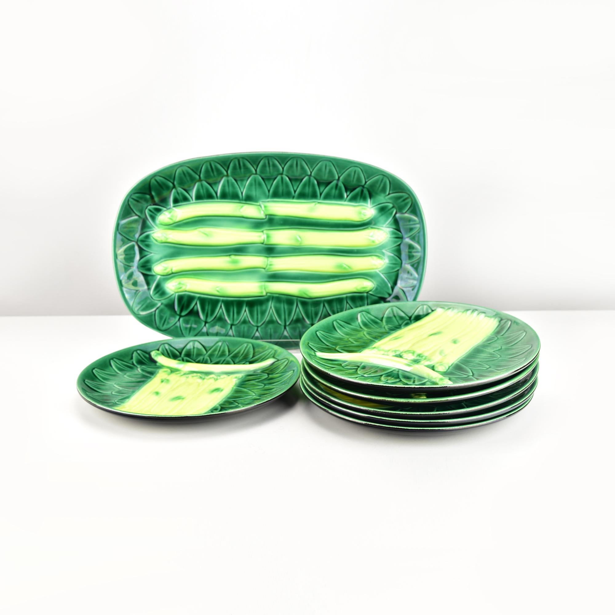 Français Service à Asperges en Majolique par Elchinger, France, 7 Pieces en vente