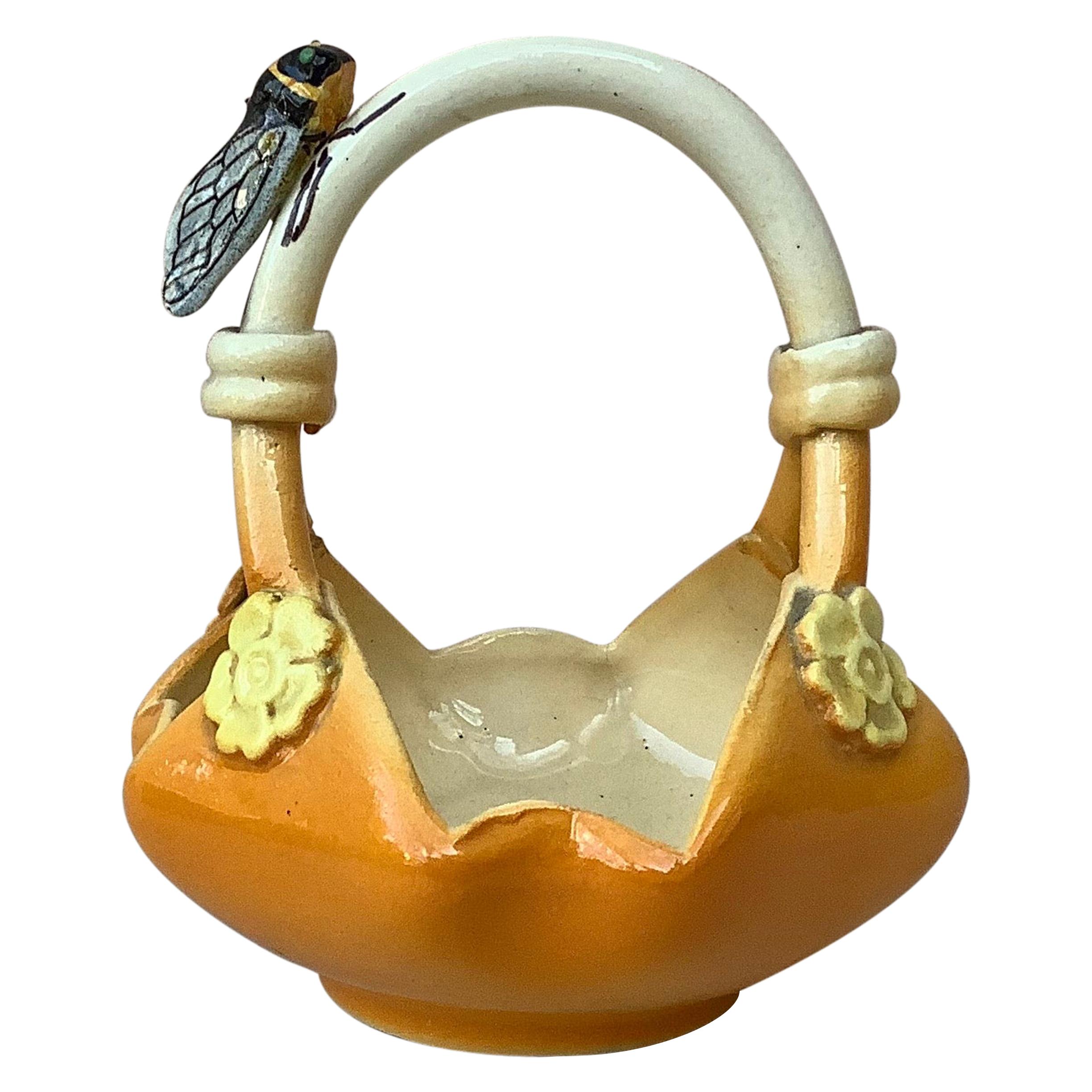 Majolica Basket with Cicada Sicard, circa 1950 For Sale