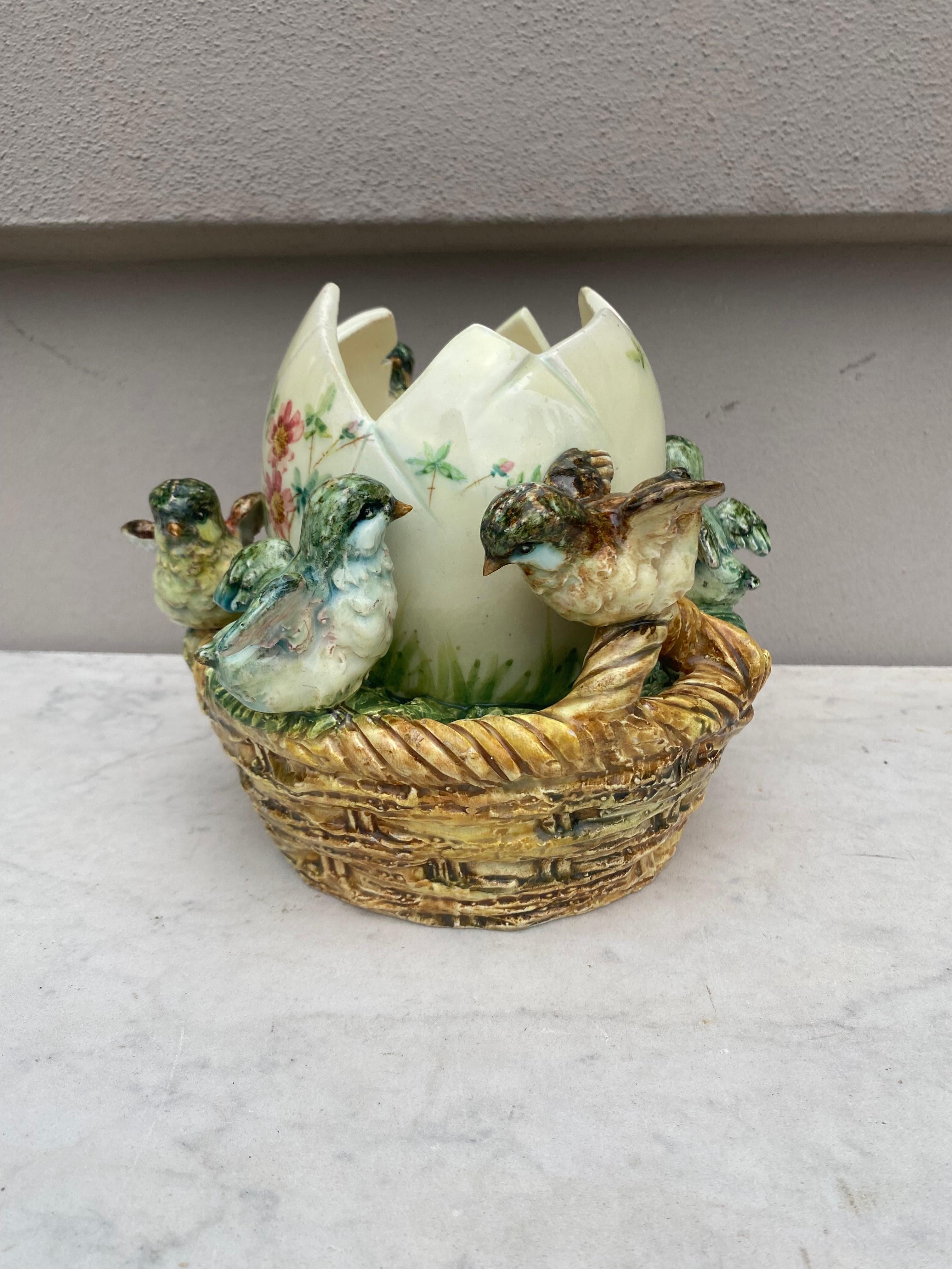 French Majolica basket with egg and birds Delphin Massier.