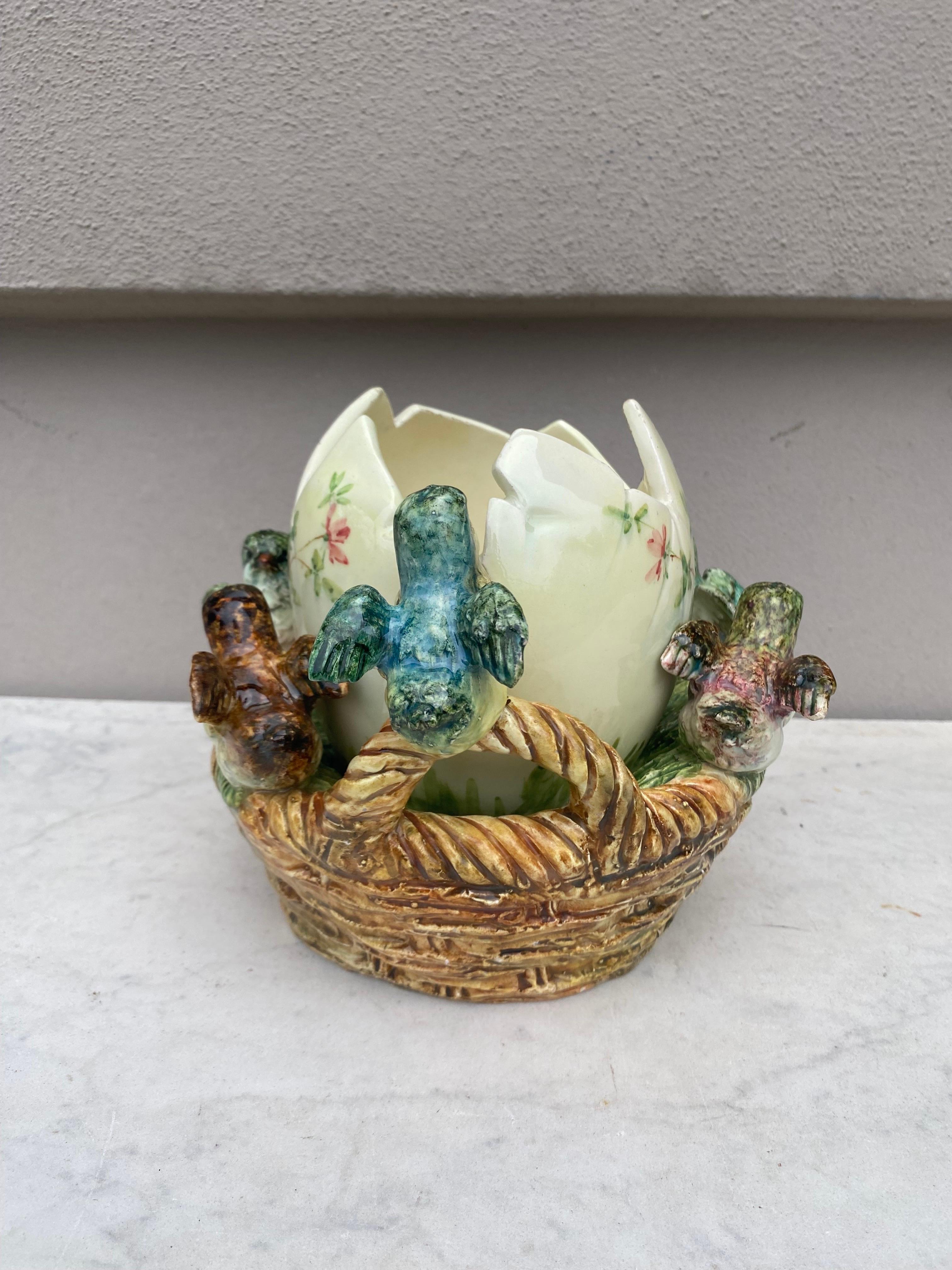 Rustic Majolica Basket with Egg Birds Vase Delphin Massier, circa 1880