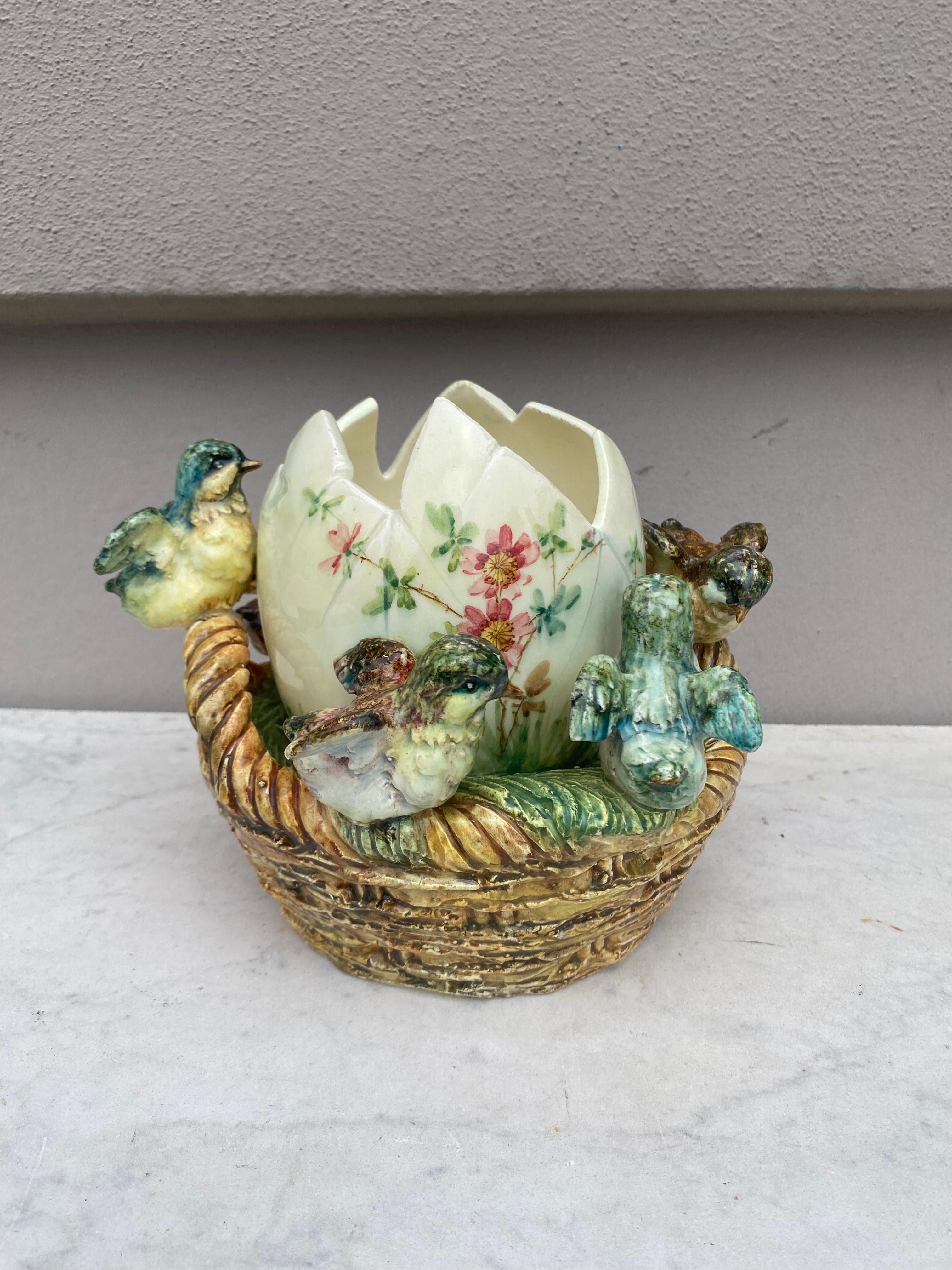 French Majolica Basket with Egg Birds Vase Delphin Massier, circa 1880 For Sale