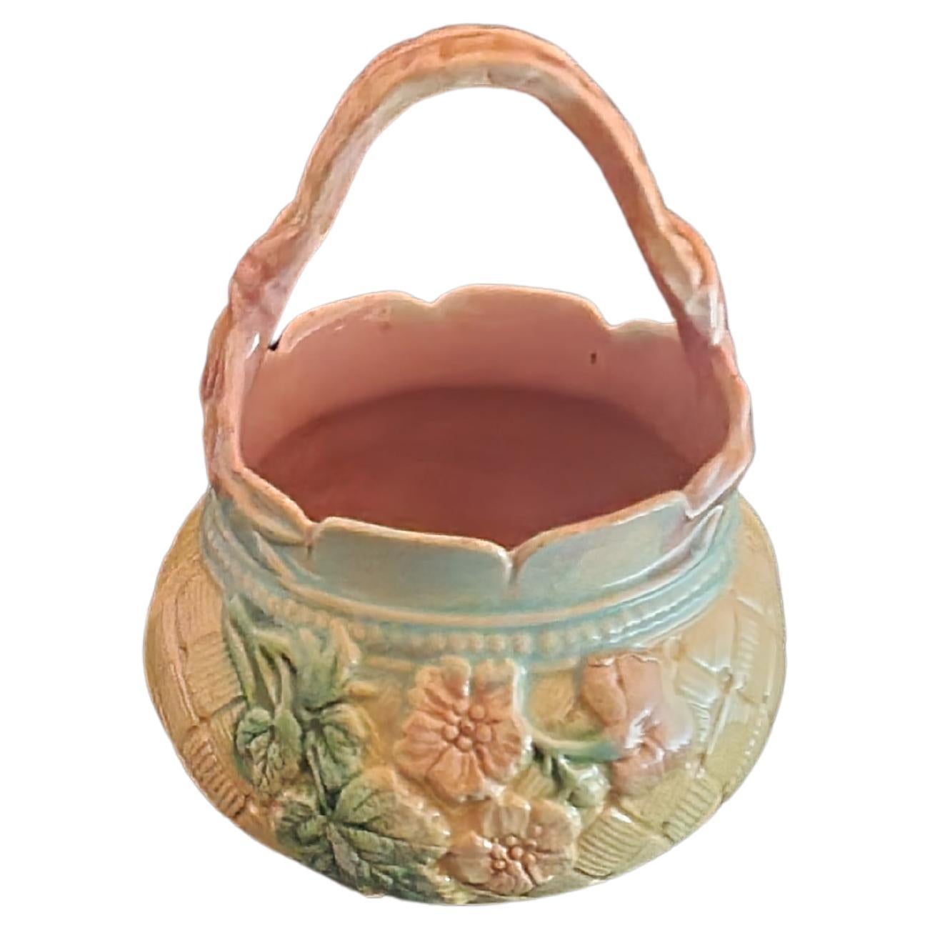 Majolica Basket with Pink Ribbon Handle For Sale