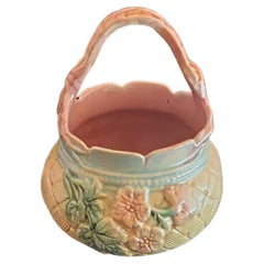 Antique Majolica Basket with Pink Ribbon Handle