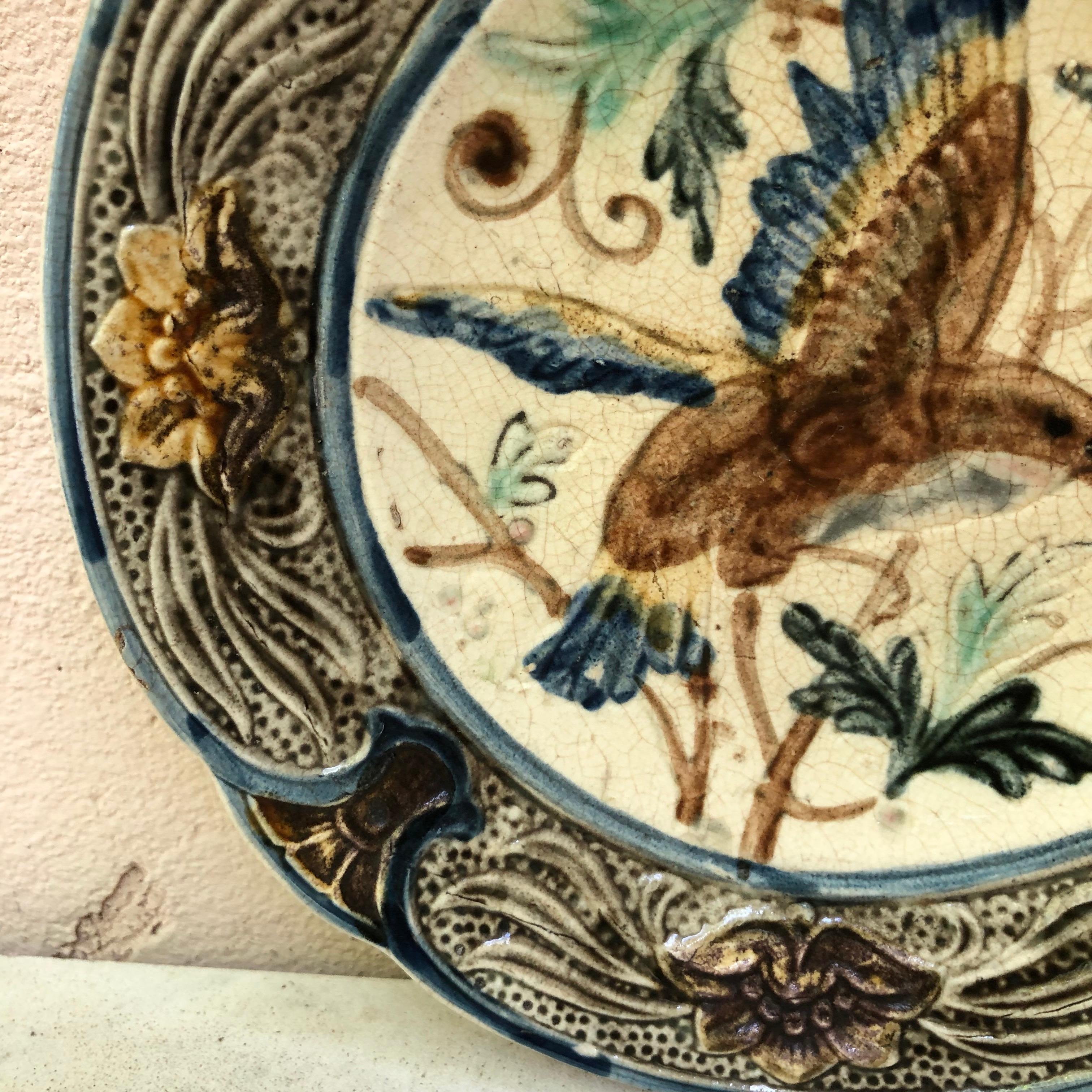 Majolica bird and insect plate Wasmuel ( Belgium ), Circa 1890.