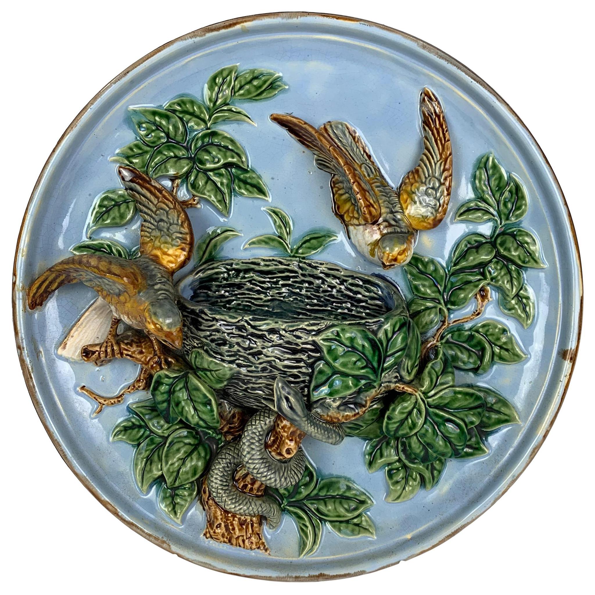 Majolica Bird Nest and Snake Wall Pocket Plaque