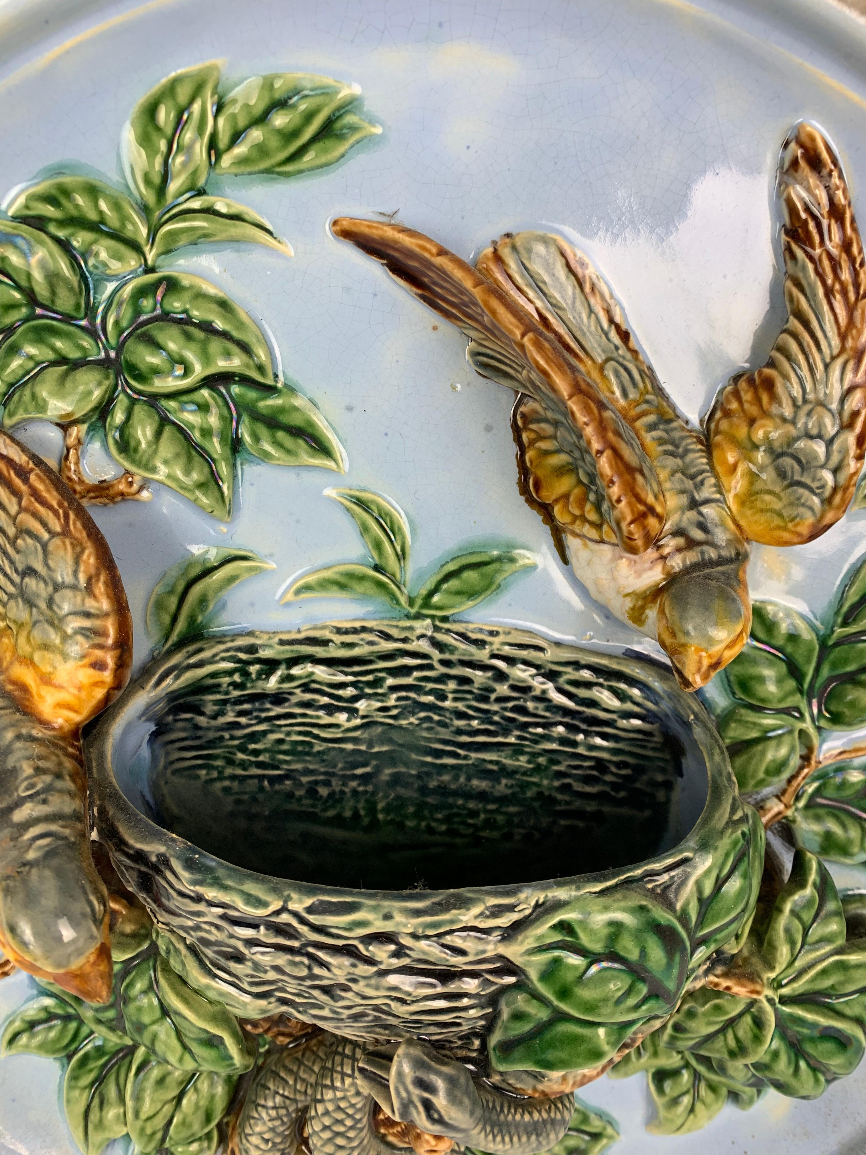 Majolica Bird Nest and Snake Wall Pocket Plaque In Good Condition In Banner Elk, NC
