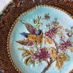 Majolica Bird & Pink Flowers Plate, circa 1880