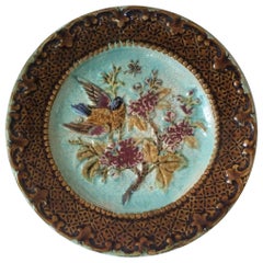 Majolica Bird & Pink Flowers Plate, circa 1880