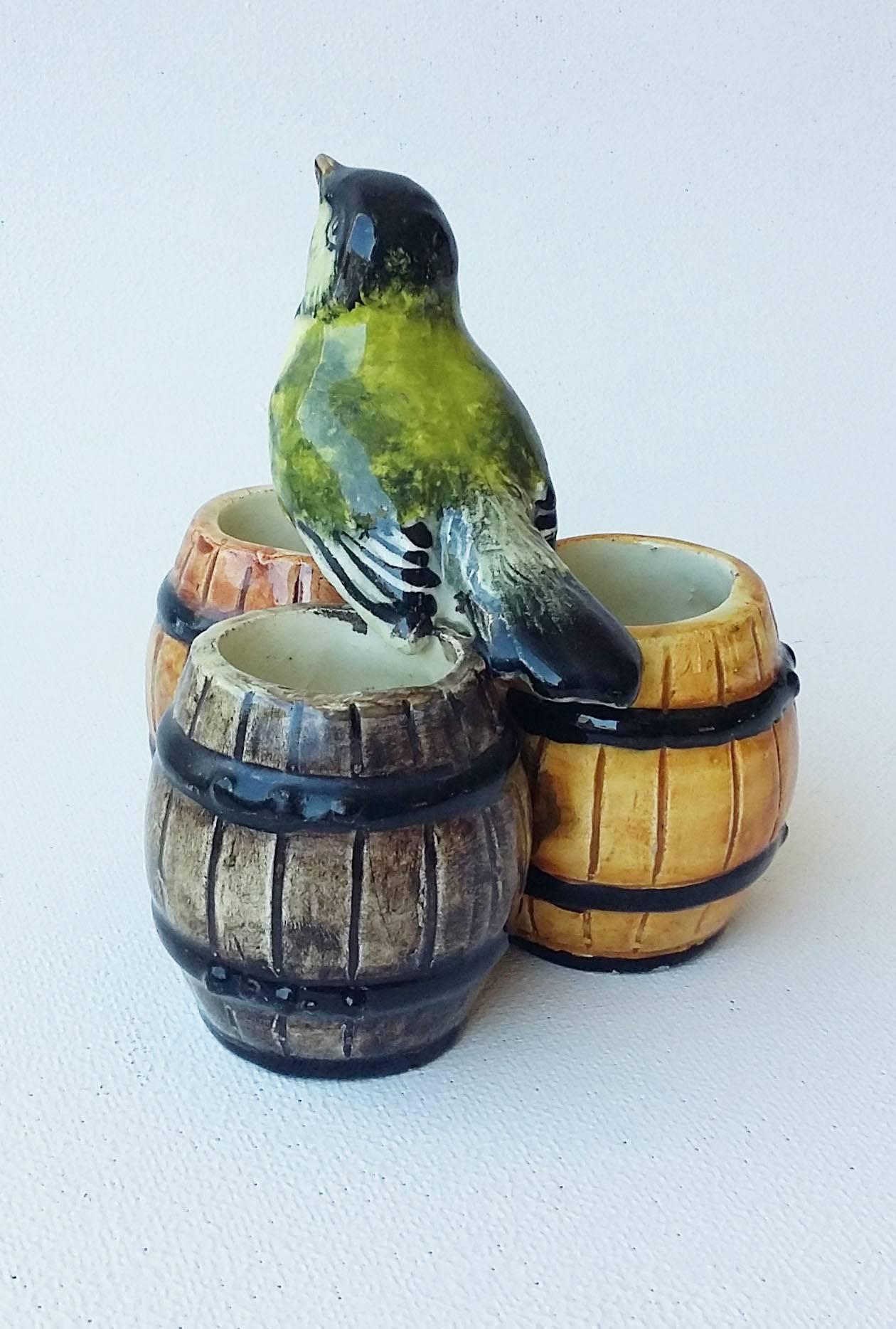 Interesting saltcellar three barrels with a bird on the center Delphin Massier unsigned, circa 1880.