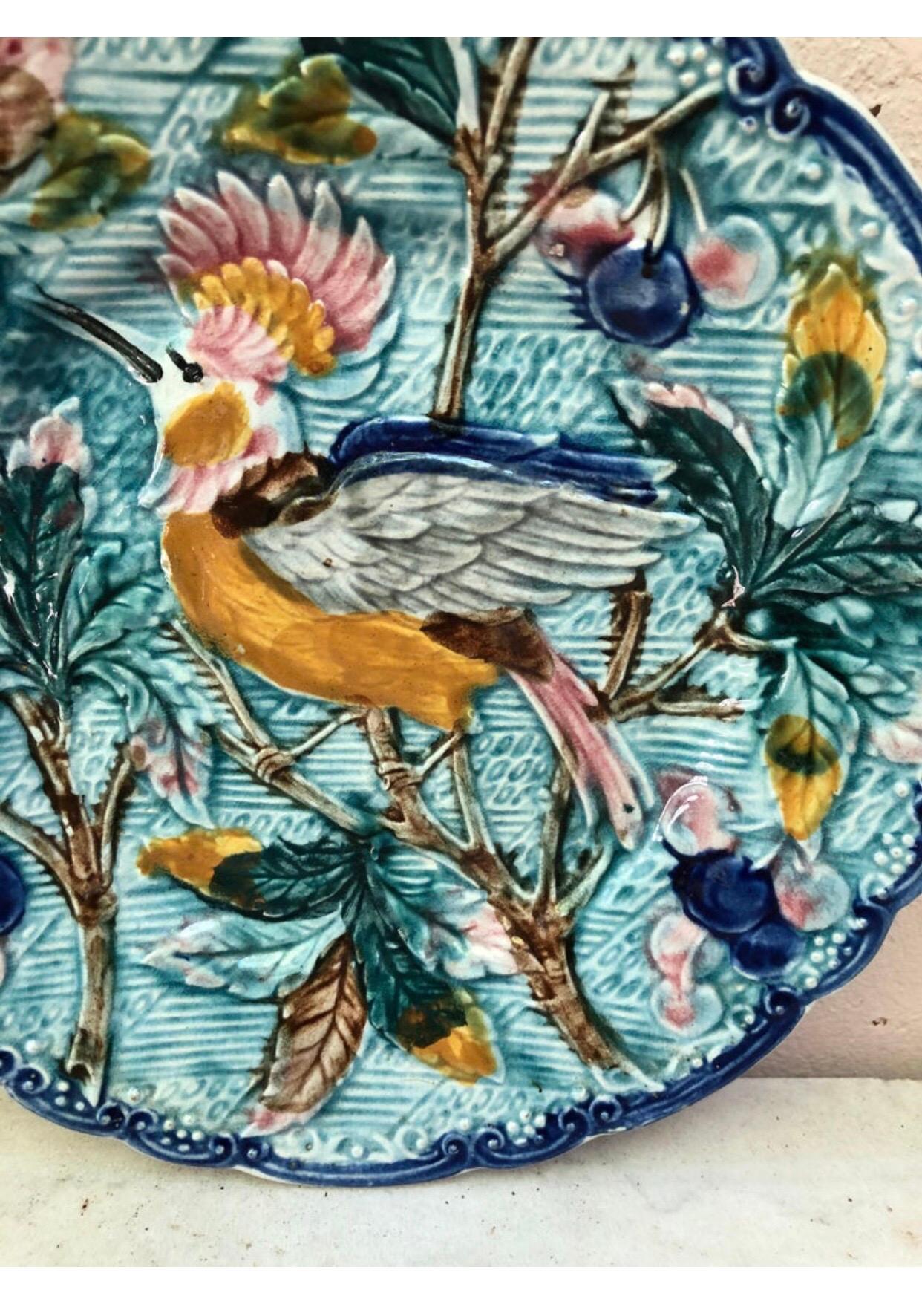Rustic Majolica Bird with Cherries Plate Wasmuel, circa 1890